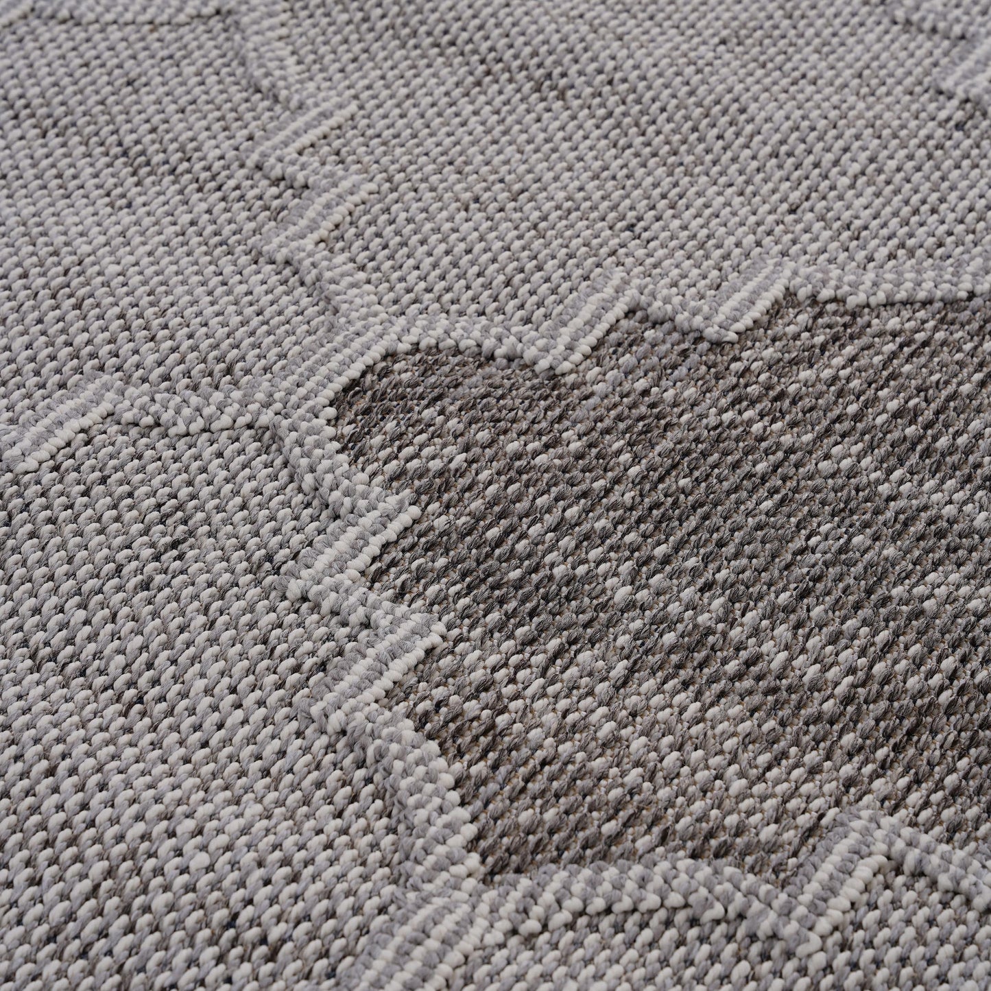Textured grey and white geometric pattern rug closeup