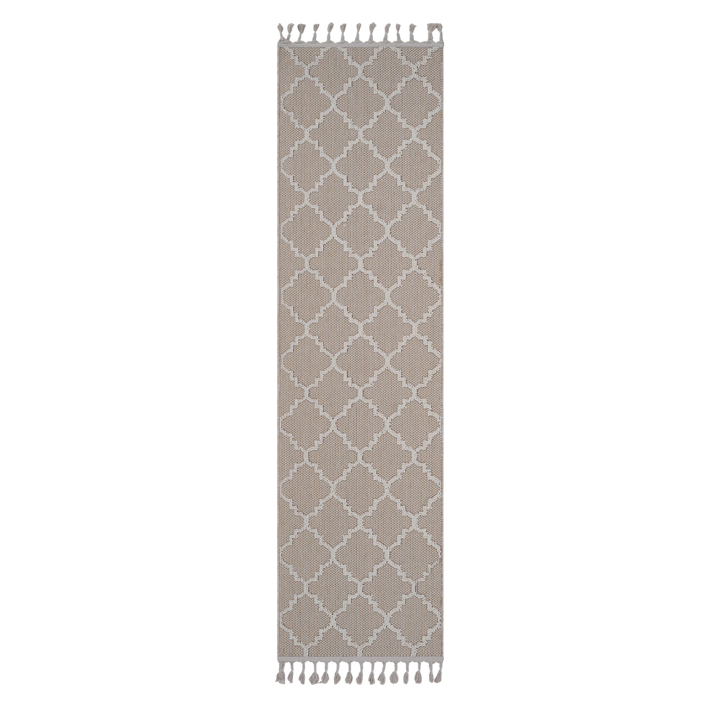 Beige runner rug with a white quatrefoil pattern and tasseled ends