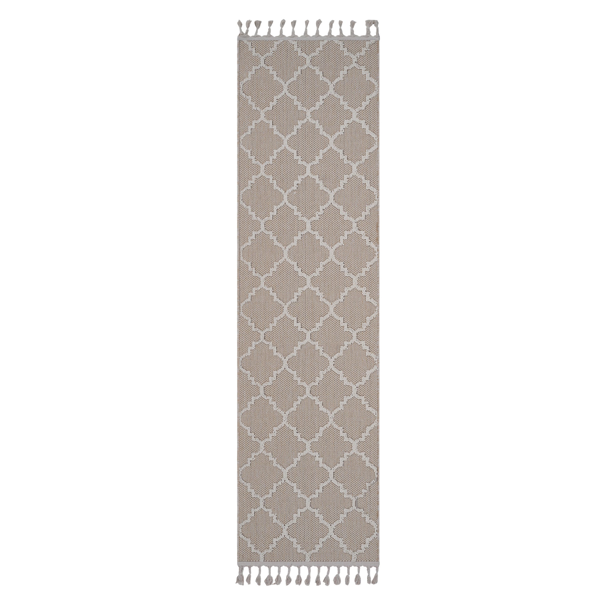 Beige runner rug with a white quatrefoil pattern and tasseled ends