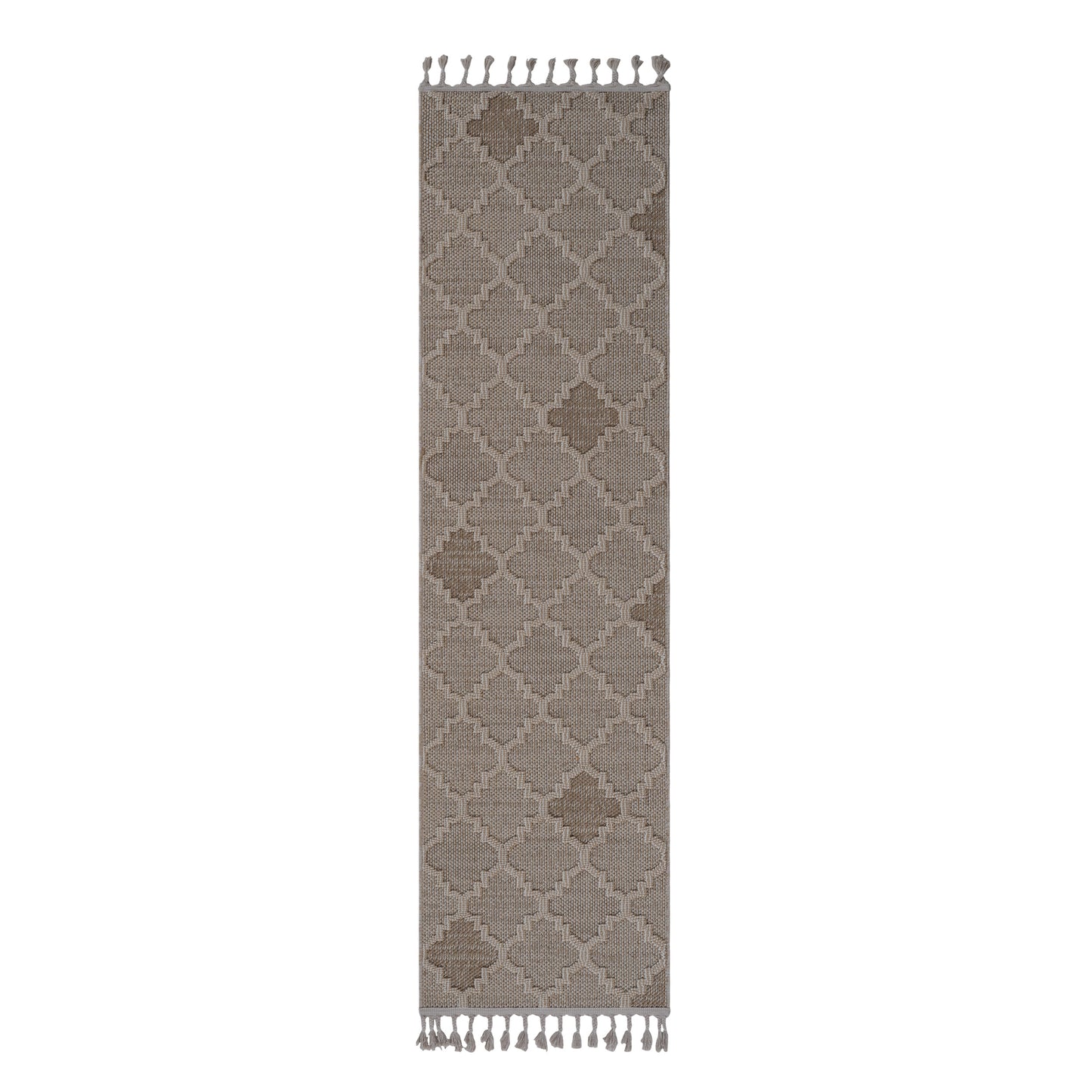 Gray geometric patterned runner rug with tasseled ends