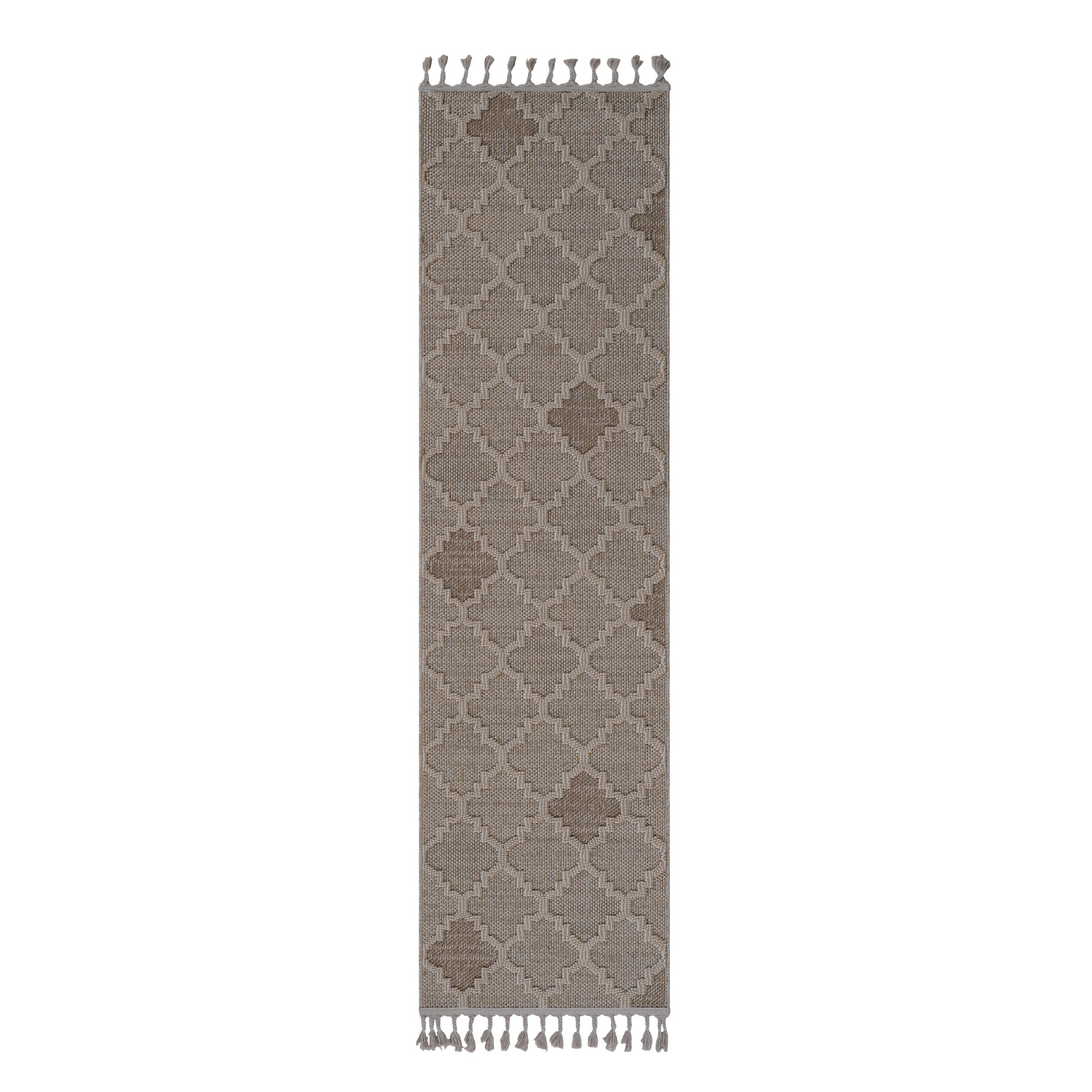 Gray geometric patterned runner rug with tasseled ends