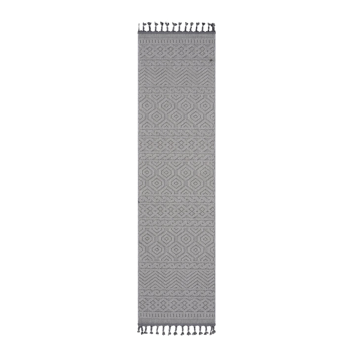 Grey geometric pattern runner rug with tassels xcm