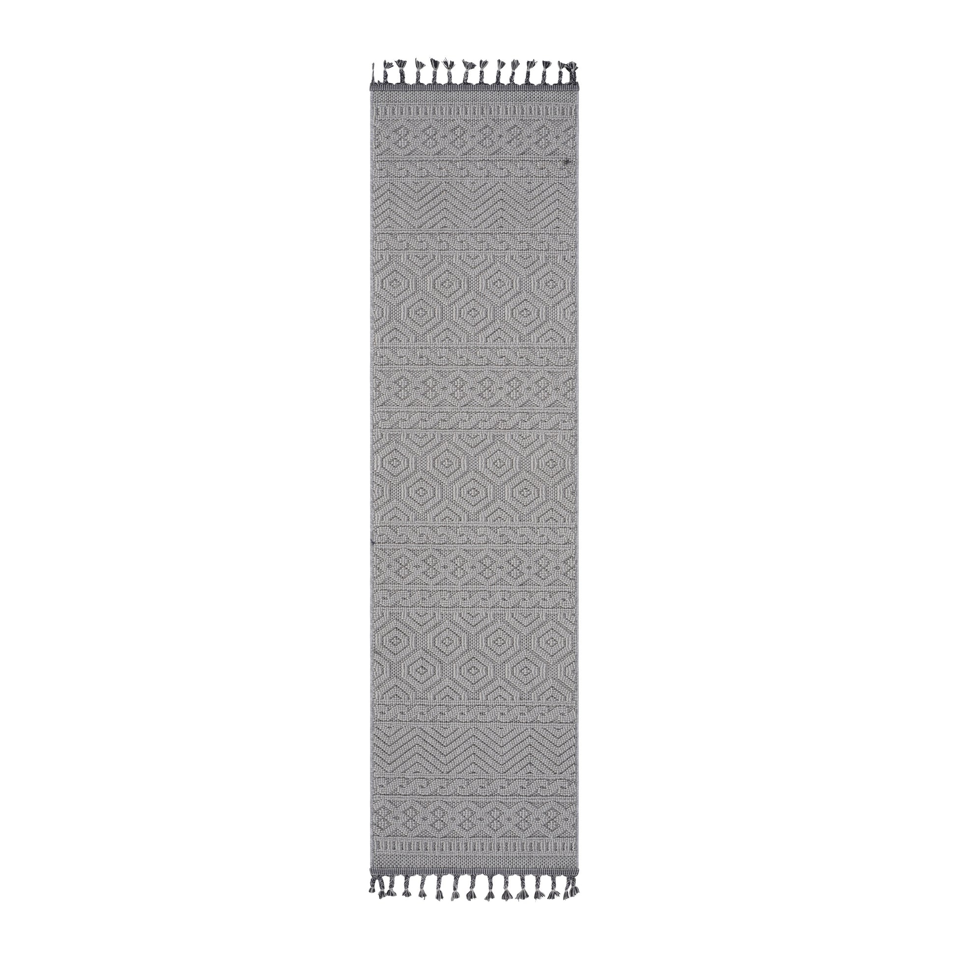 Grey geometric pattern runner rug with tassels xcm