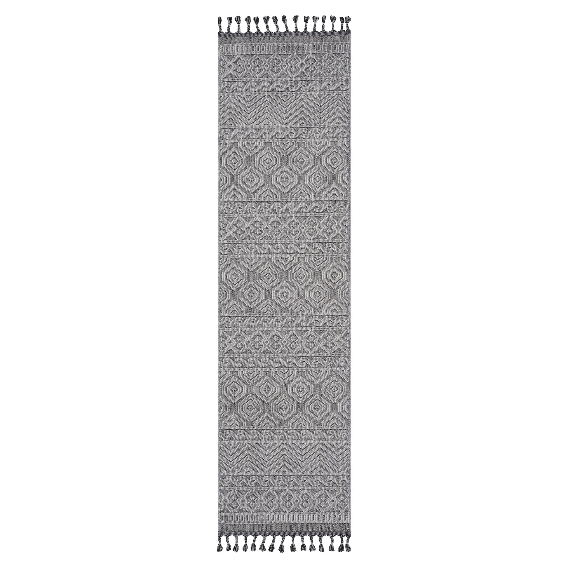Gray textured runner rug with geometric patterns and tassels for entryway decor