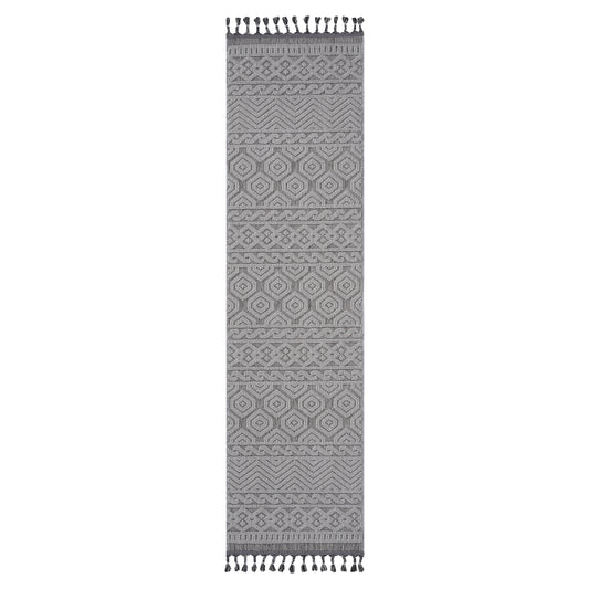 Gray textured runner rug with geometric patterns and tassels for entryway decor