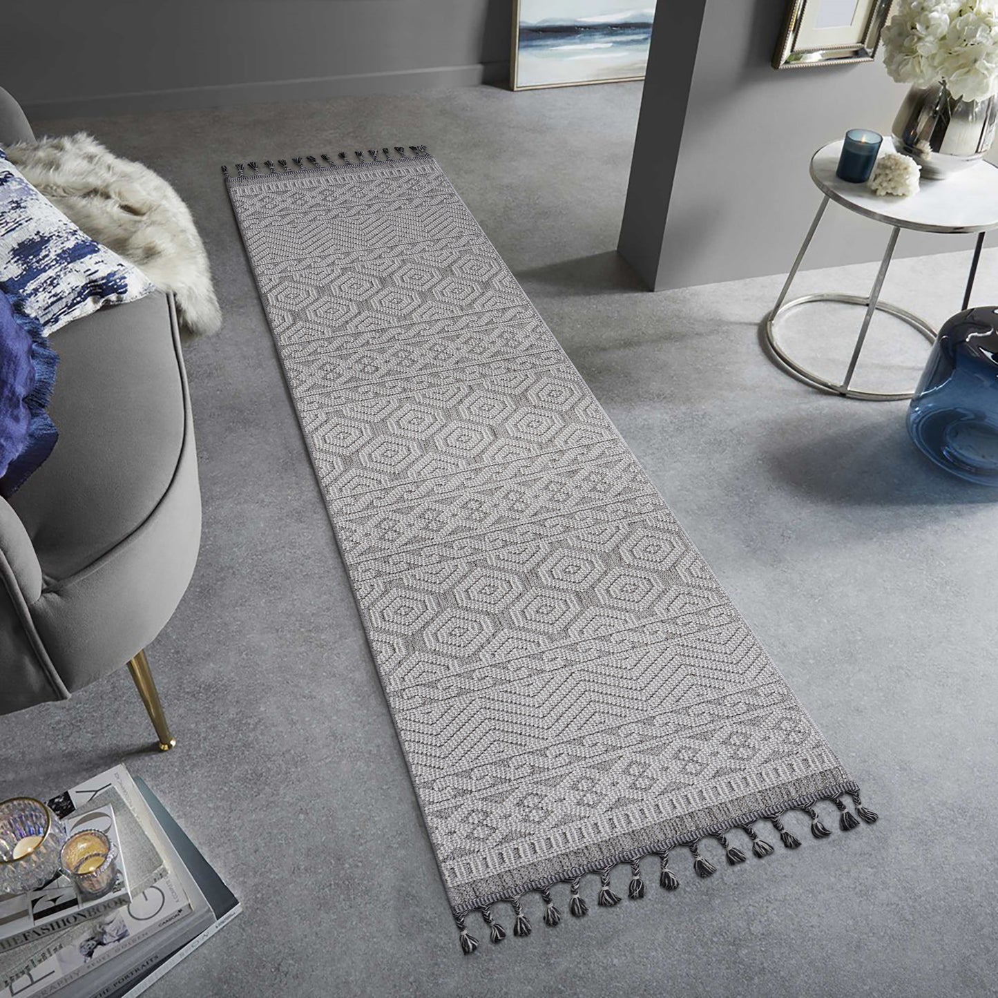 Geometric pattern gray runner rug with tassels ideal for hallways