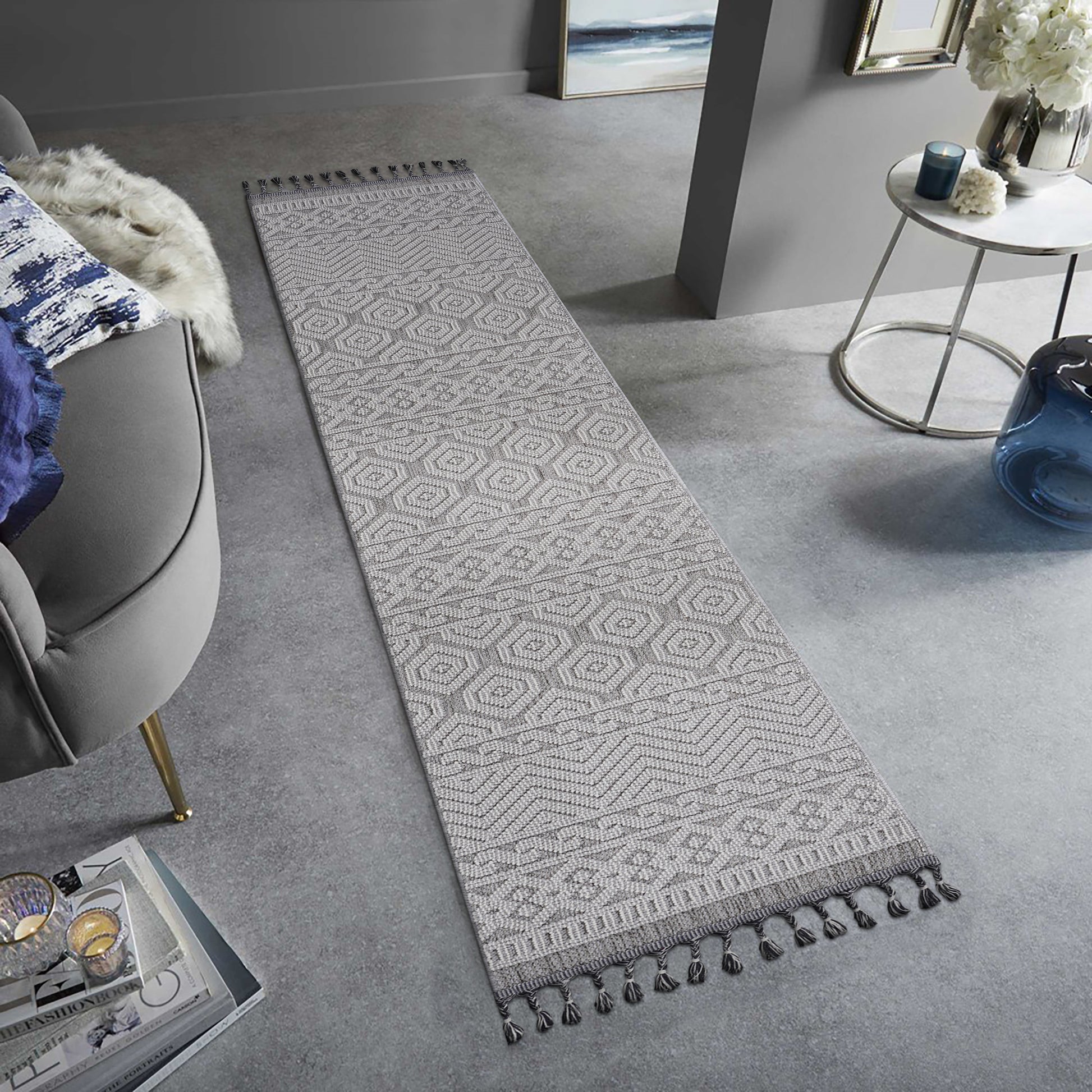 Geometric pattern gray runner rug with tassels ideal for hallways