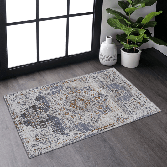Distressed grey and cream oriental rug with abstract blue and gold accents x
