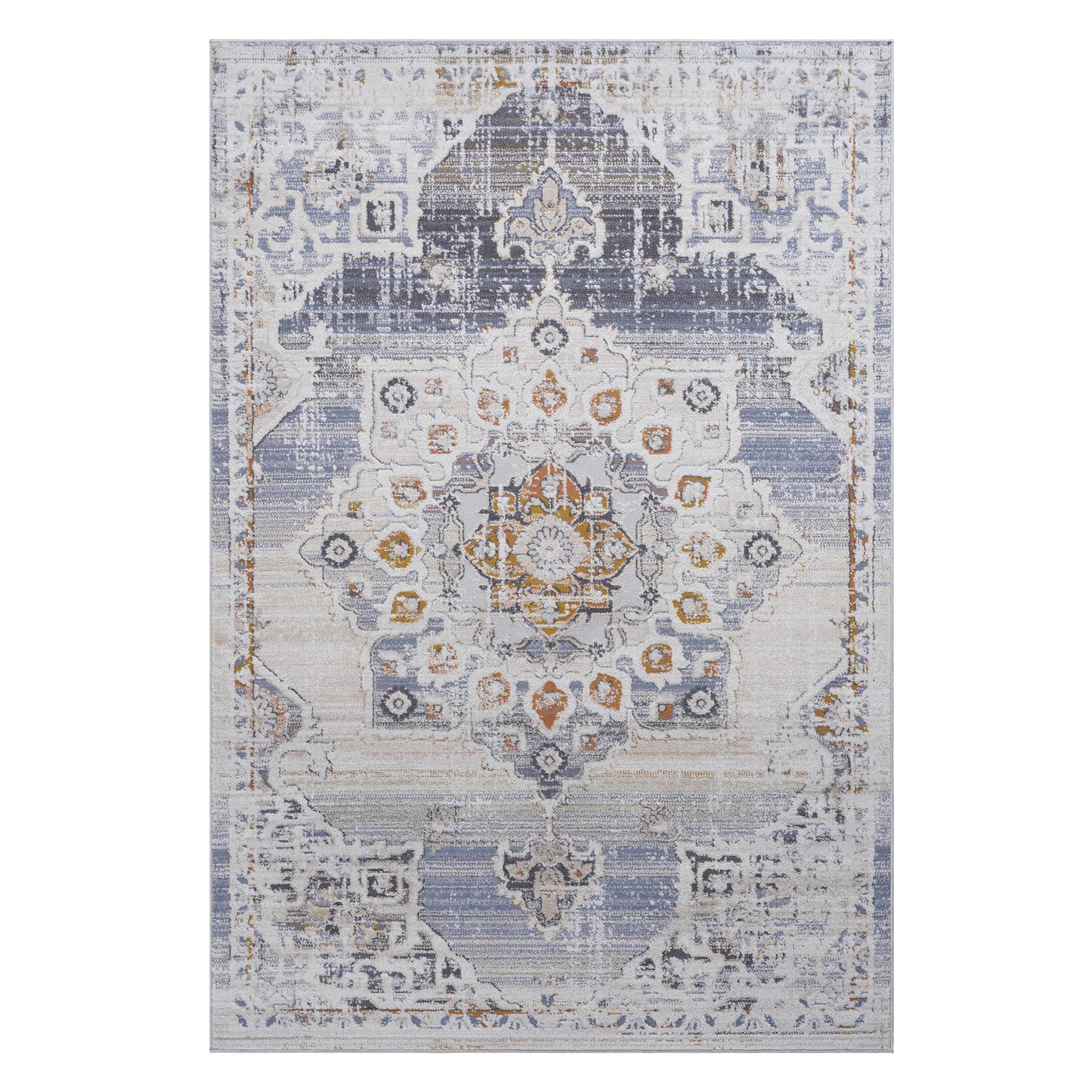 Distressed Persian rug with blue and cream floral medallion design perfect for living rooms