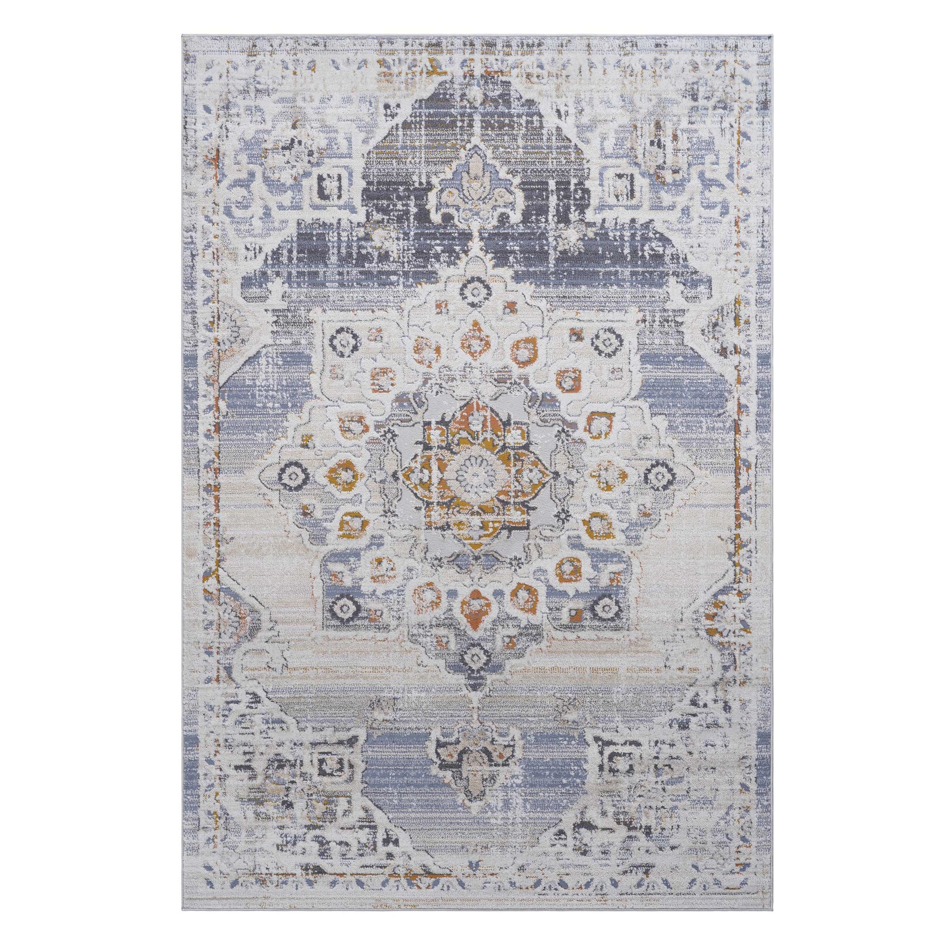 Distressed Persian rug with blue and cream floral medallion design perfect for living rooms