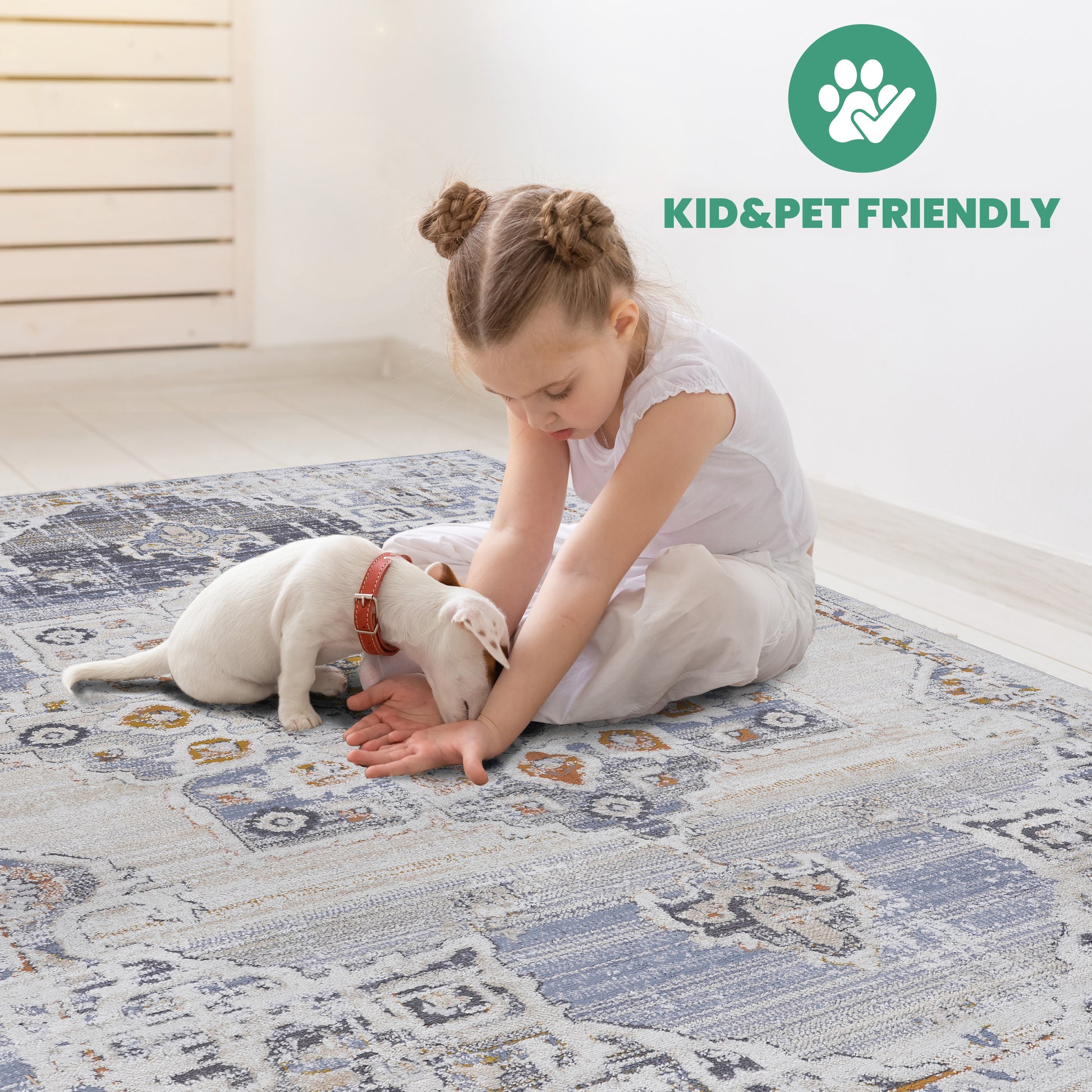 Soft distressed abstract rug in blue and cream with a vintage Persian pattern