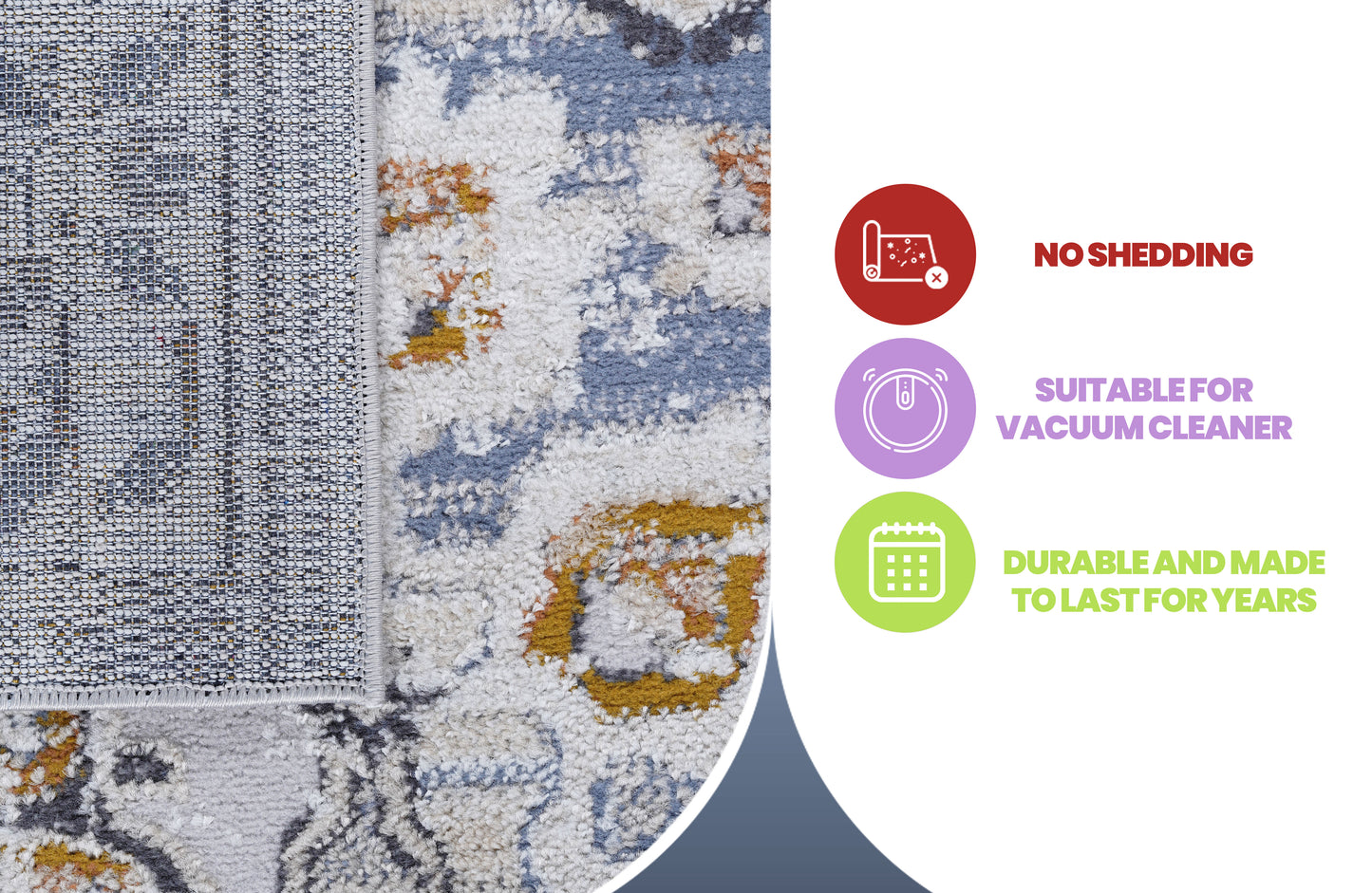 Abstract pattern area rug with grey blue and gold accents No shedding Durable