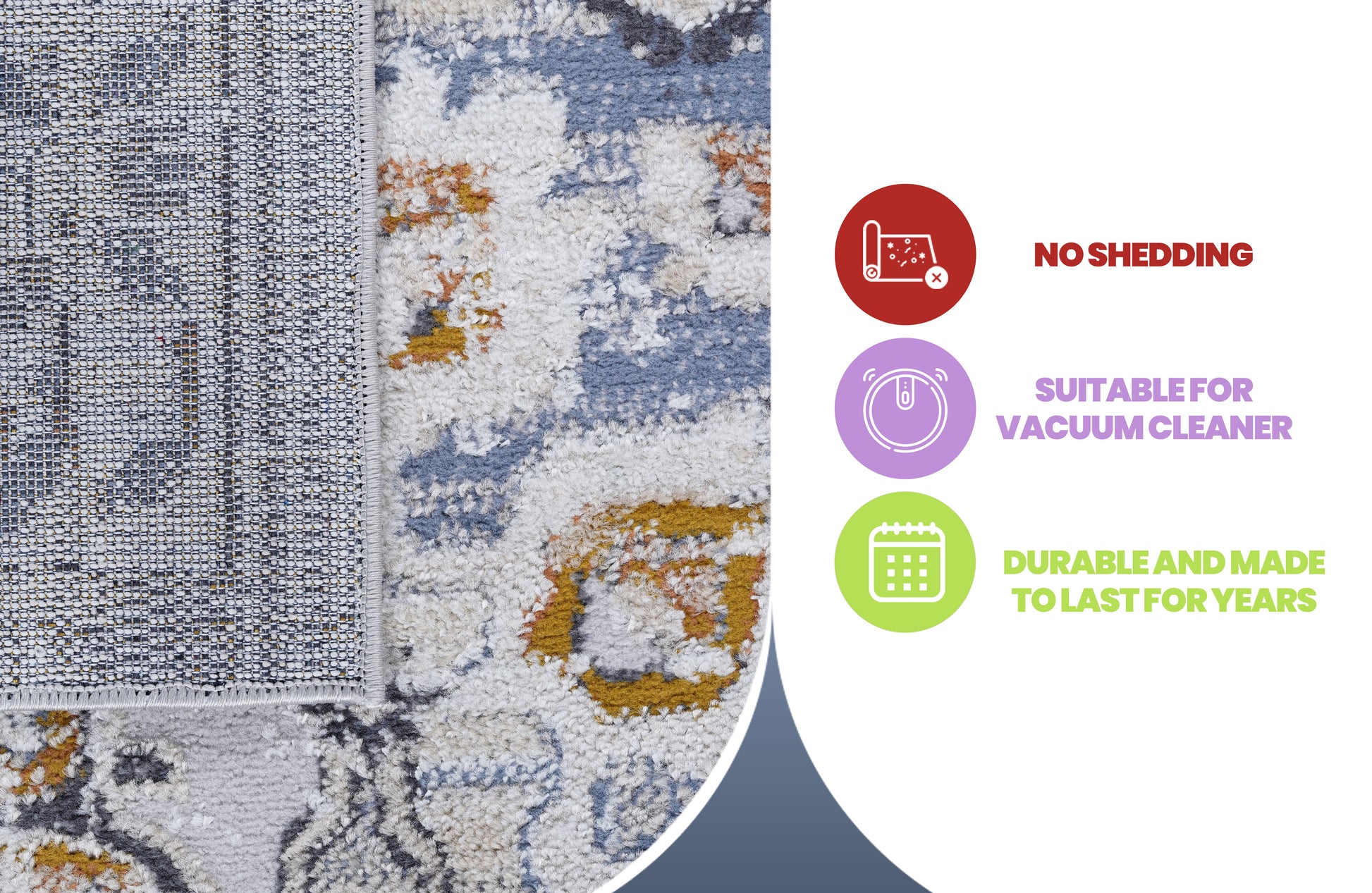 Abstract pattern area rug with grey blue and gold accents No shedding Durable