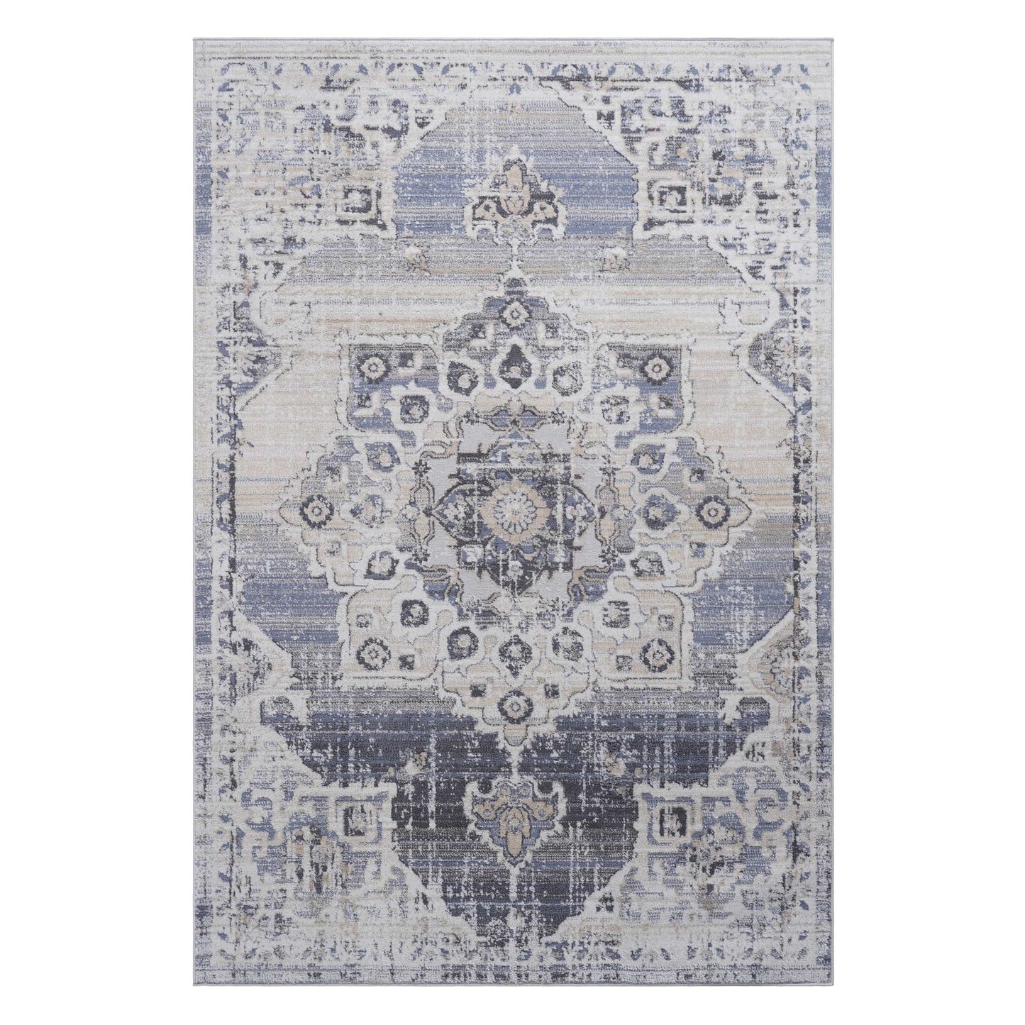 Distressed medallion area rug in faded blue and cream x
