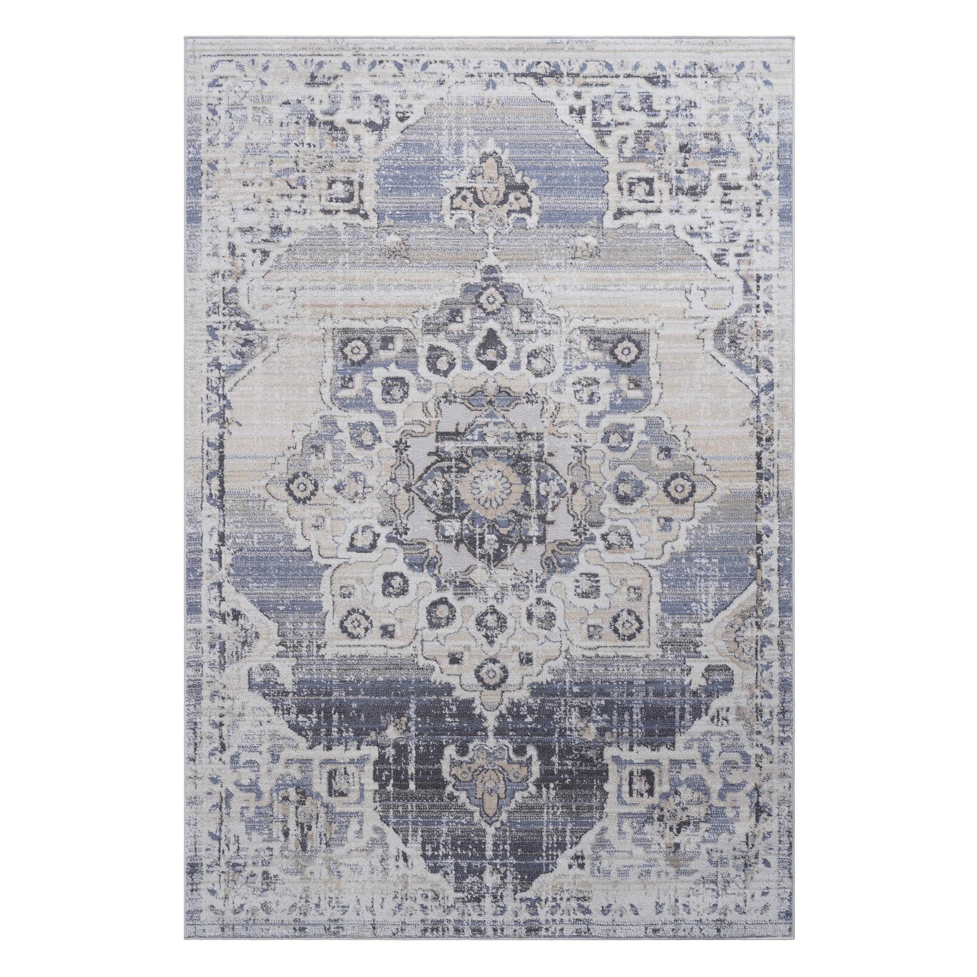 Distressed medallion area rug in faded blue and cream x