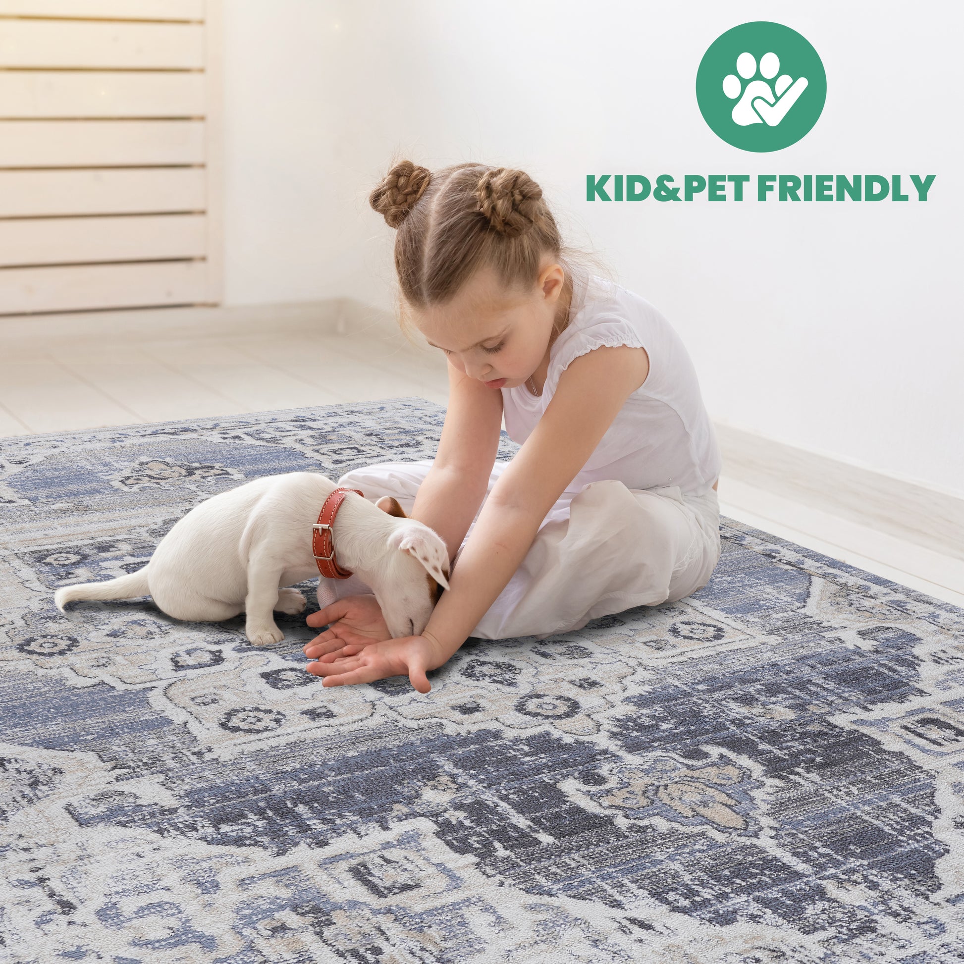 Blue and cream distressed Persian rug with ornate damask pattern kid and pet friendly