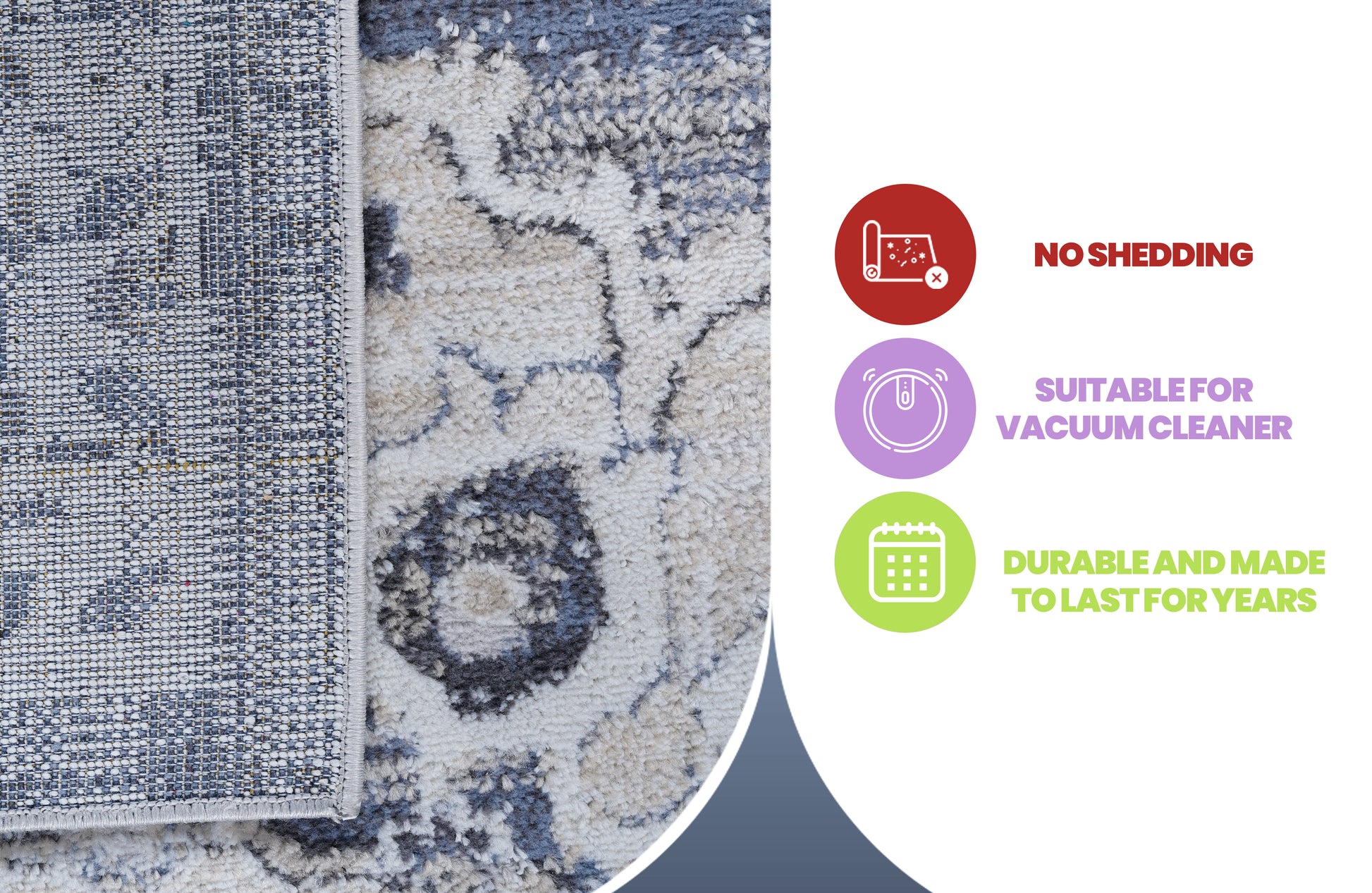 Close up of a modern abstract rug with cream grey and blue tones