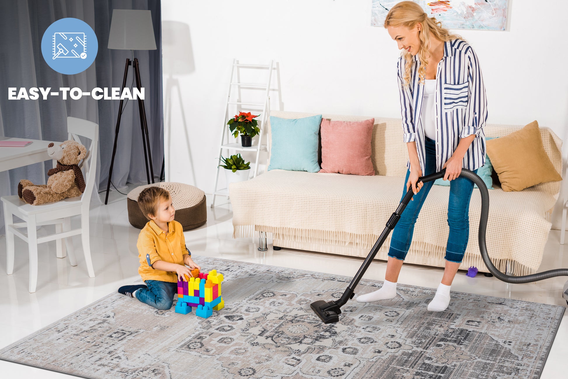Cream and gray patterned rug perfect for easytoclean living spaces Durable and stylish