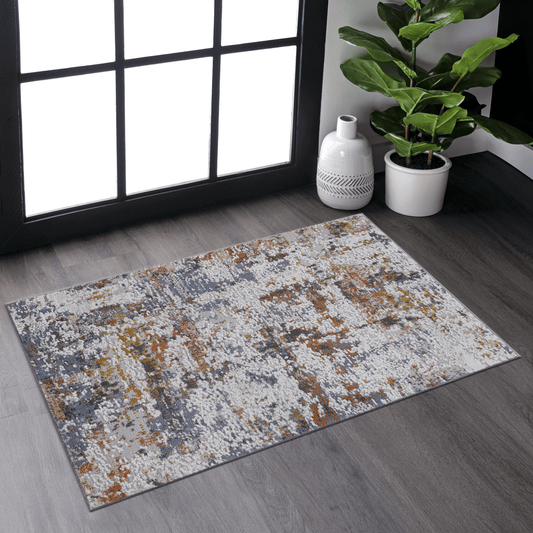 Abstract patterned runner rug in gray white and rust for entryway