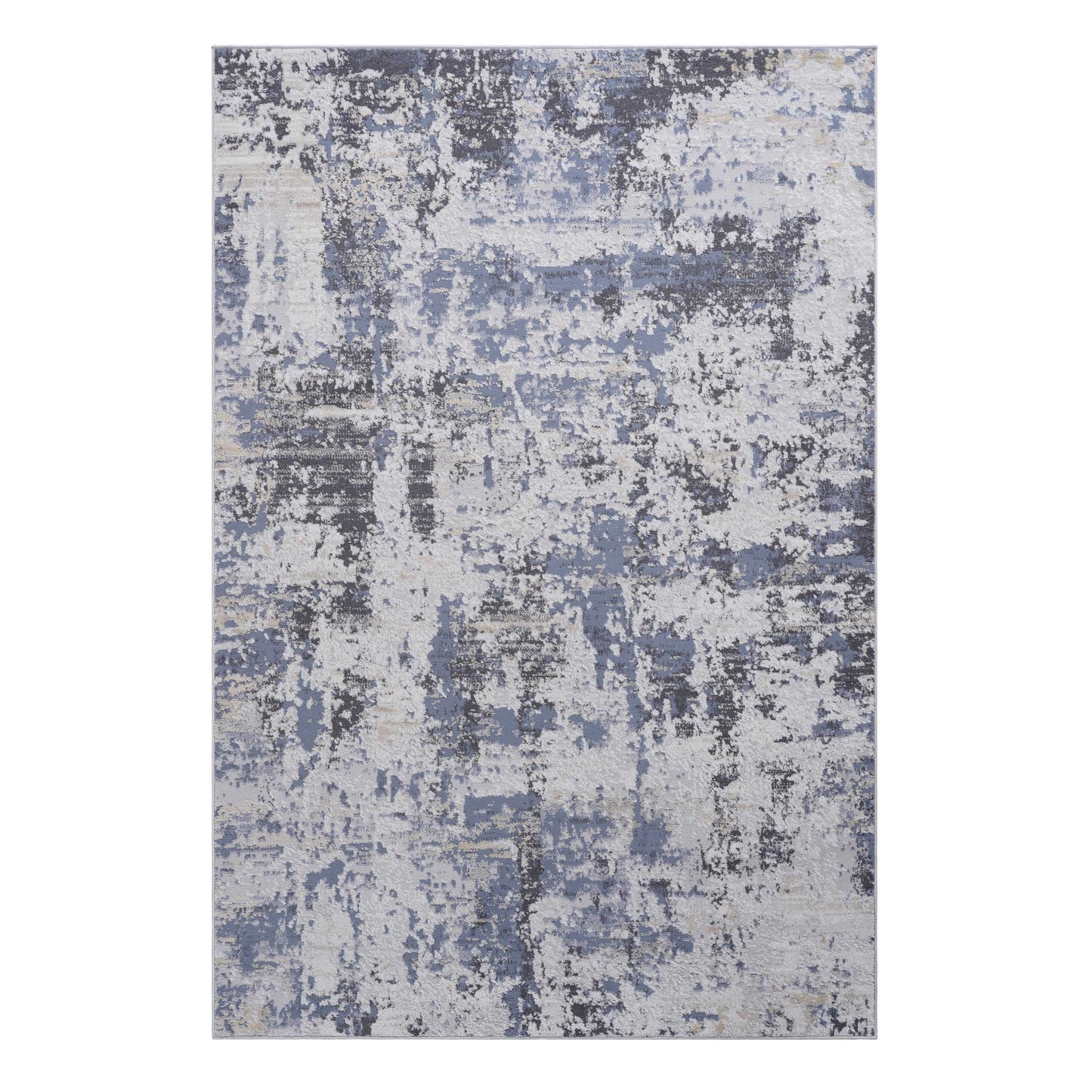 Abstract blue and grey distressed area rug with subtle beige accents