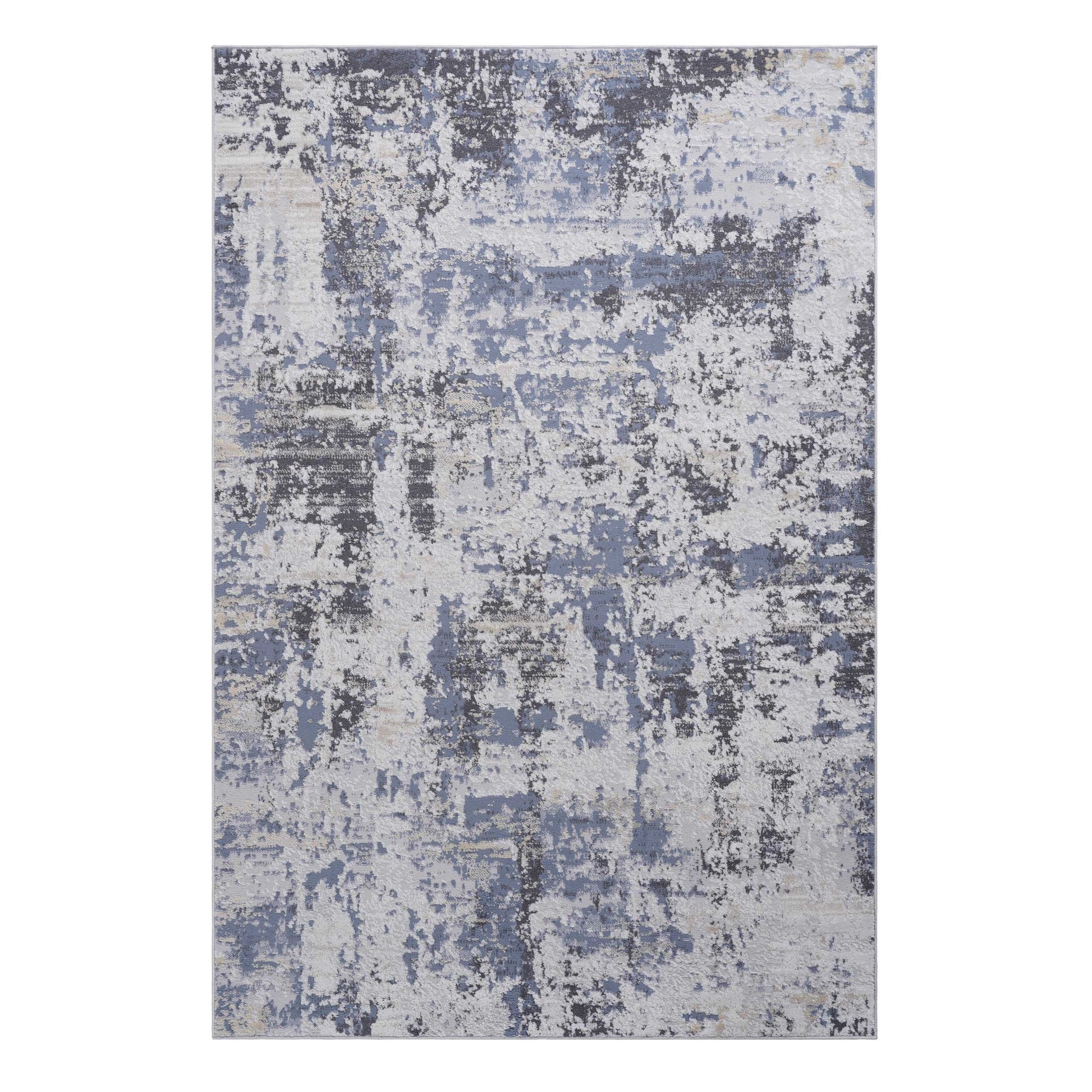 Abstract blue and grey distressed area rug with subtle beige accents