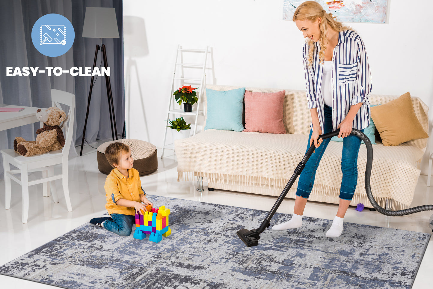 Modern abstract grey and blue area rug for living room easytoclean surface