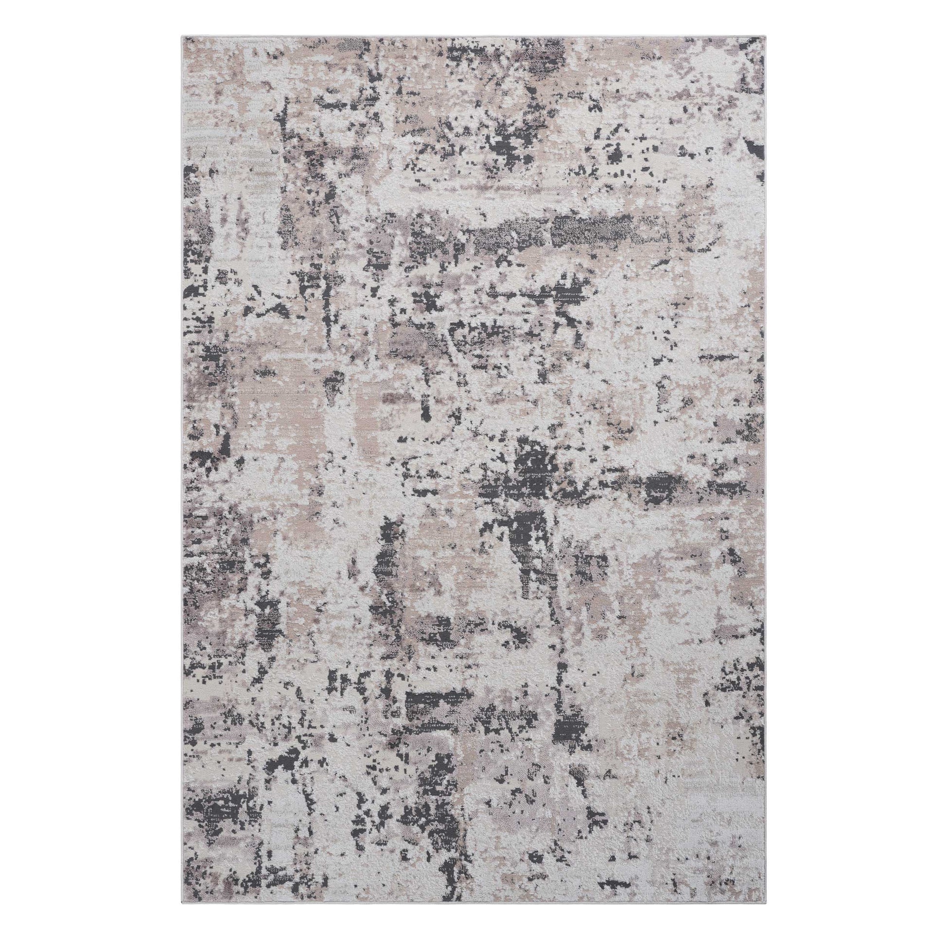 Textured area rug with abstract distressed pattern in neutral tones of cream beige and charcoal