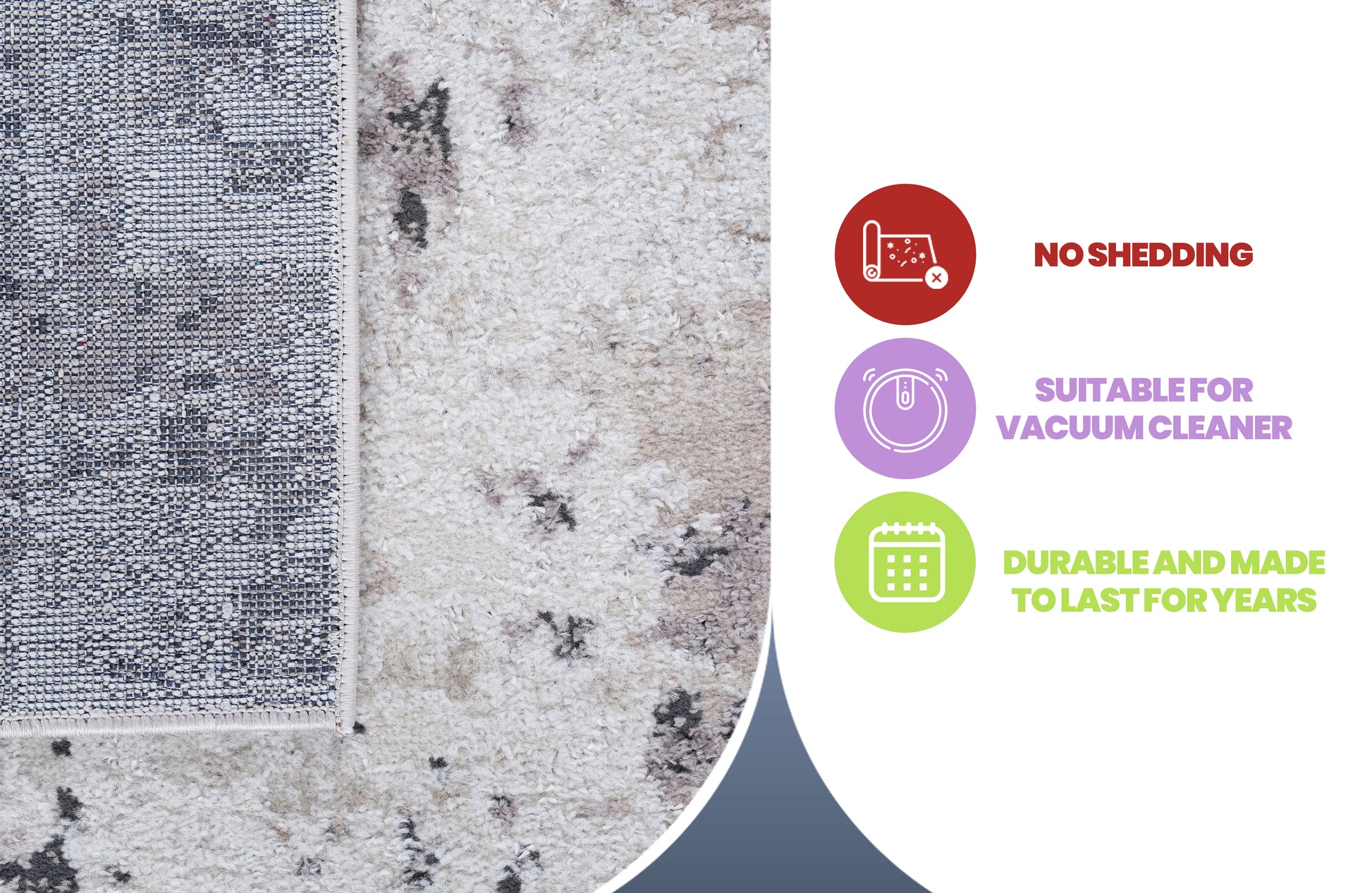 Closeup of a textured beige rug with grey abstract patterns No shedding