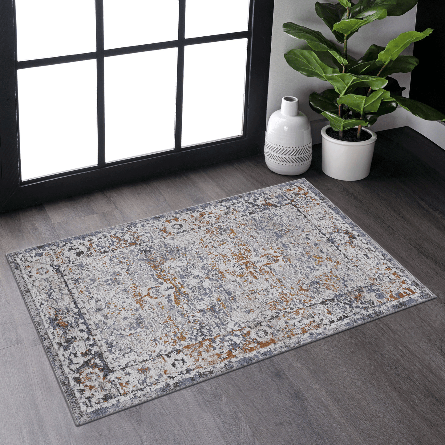 Distressed grey and rust traditional runner rug with ornate border