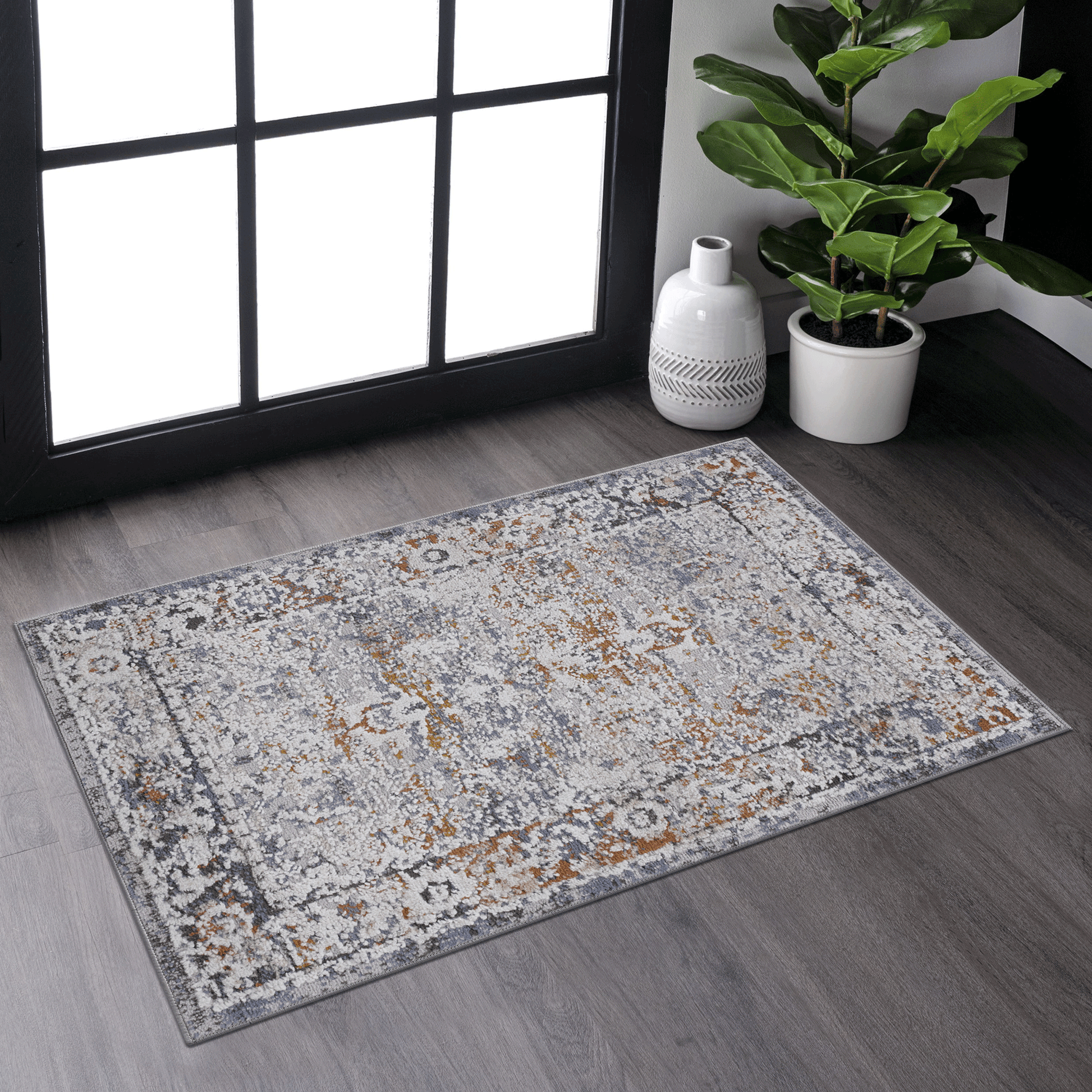 Distressed grey and rust traditional runner rug with ornate border