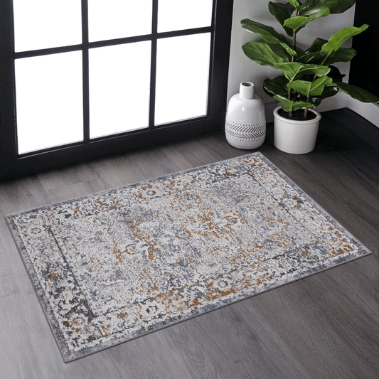 Distressed grey and rust traditional runner rug with ornate border