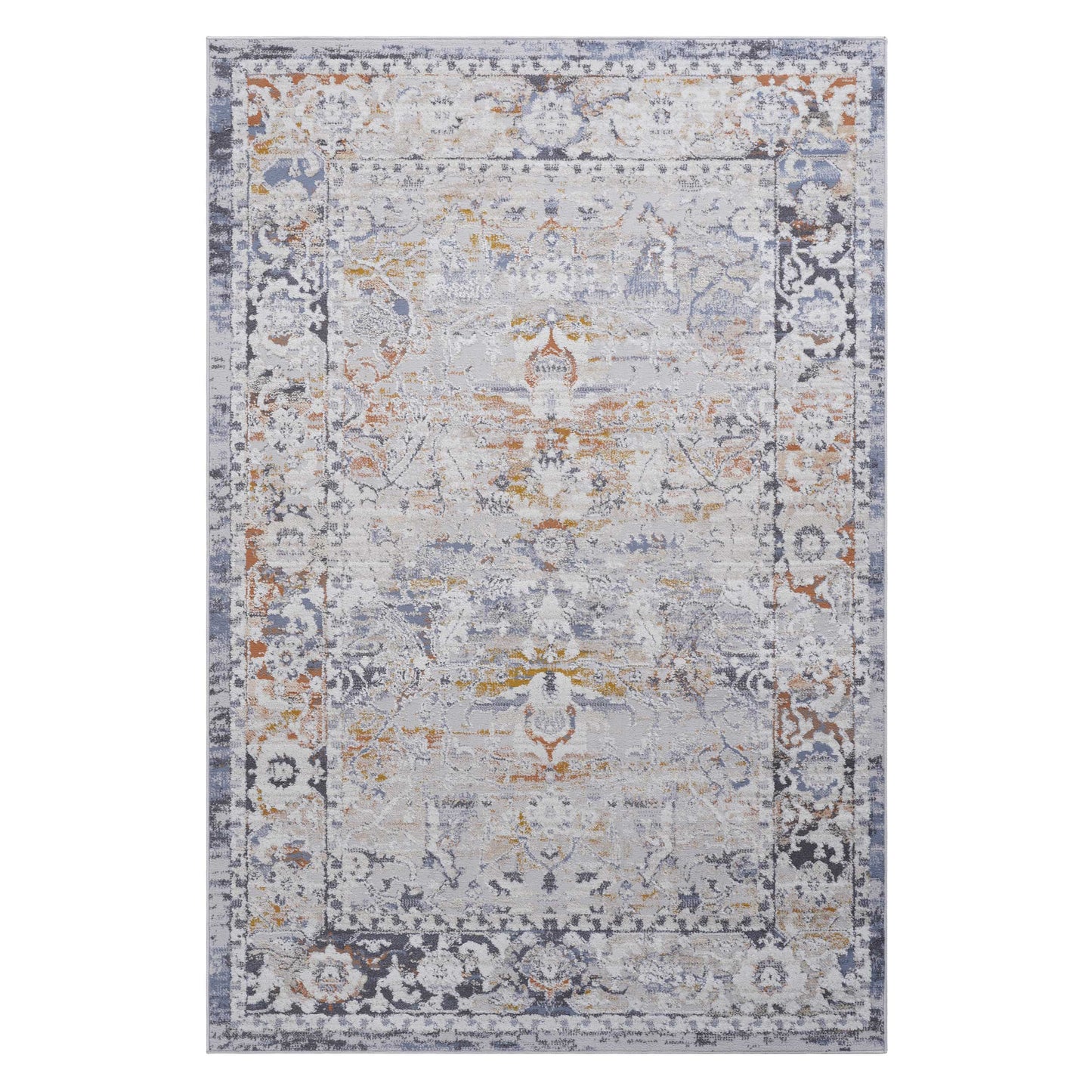 Distressed oriental rug in gray and orange with intricate floral pattern for living room decor