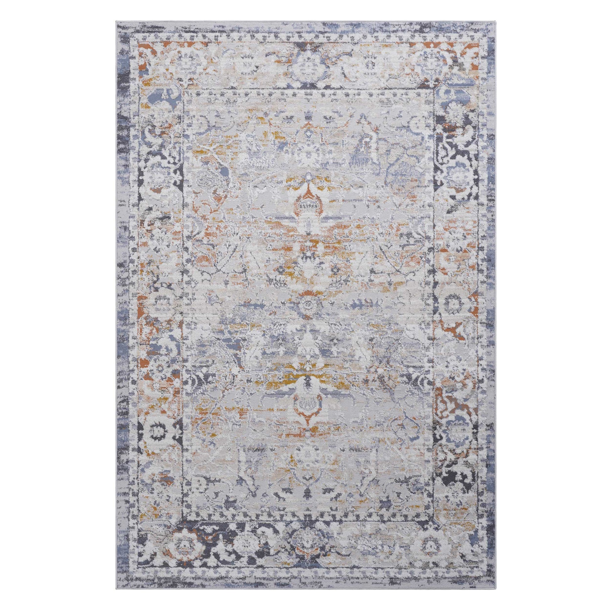 Distressed oriental rug in gray and orange with intricate floral pattern for living room decor