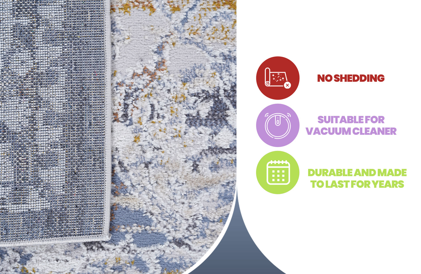 Abstract patterned area rug in grey white and ochre with a soft texture and no shedding