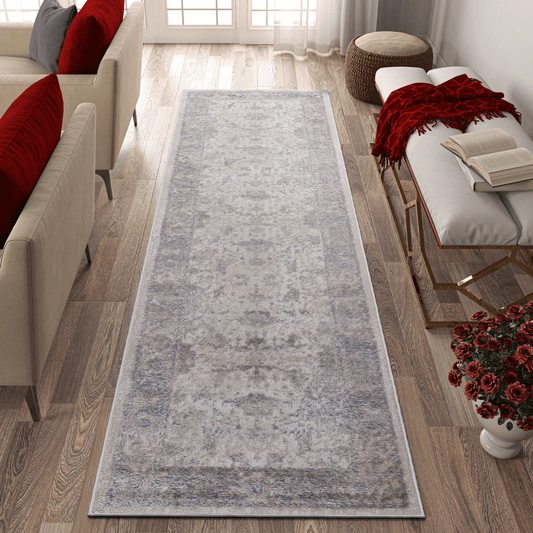 Faded Persian style runner rug with antique beige and blue hues