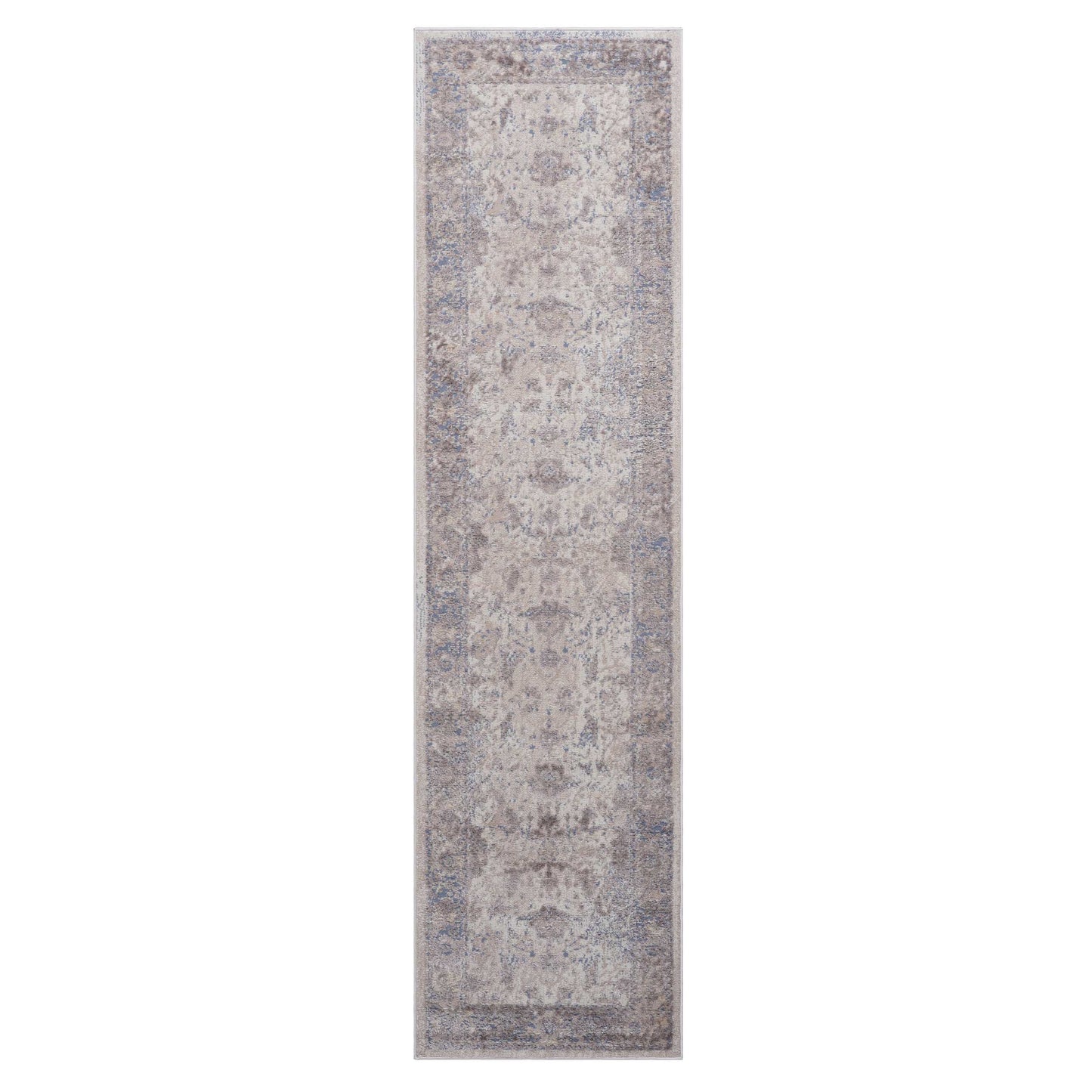 Long grey runner rug with distressed Persian pattern for hallway