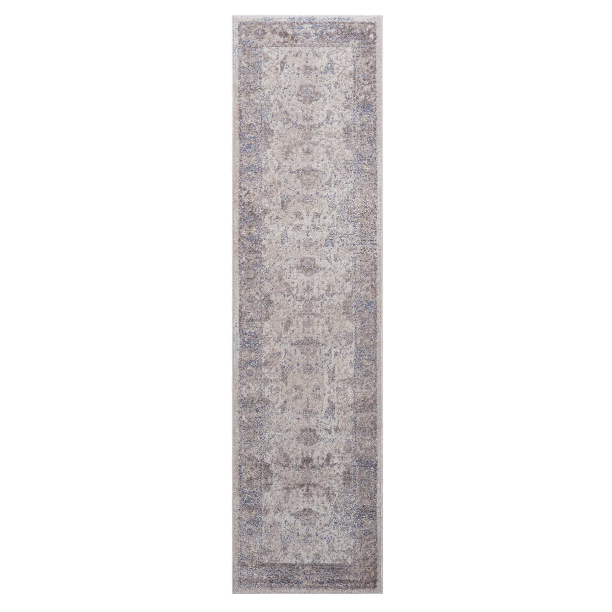 Long grey runner rug with distressed Persian pattern for hallway