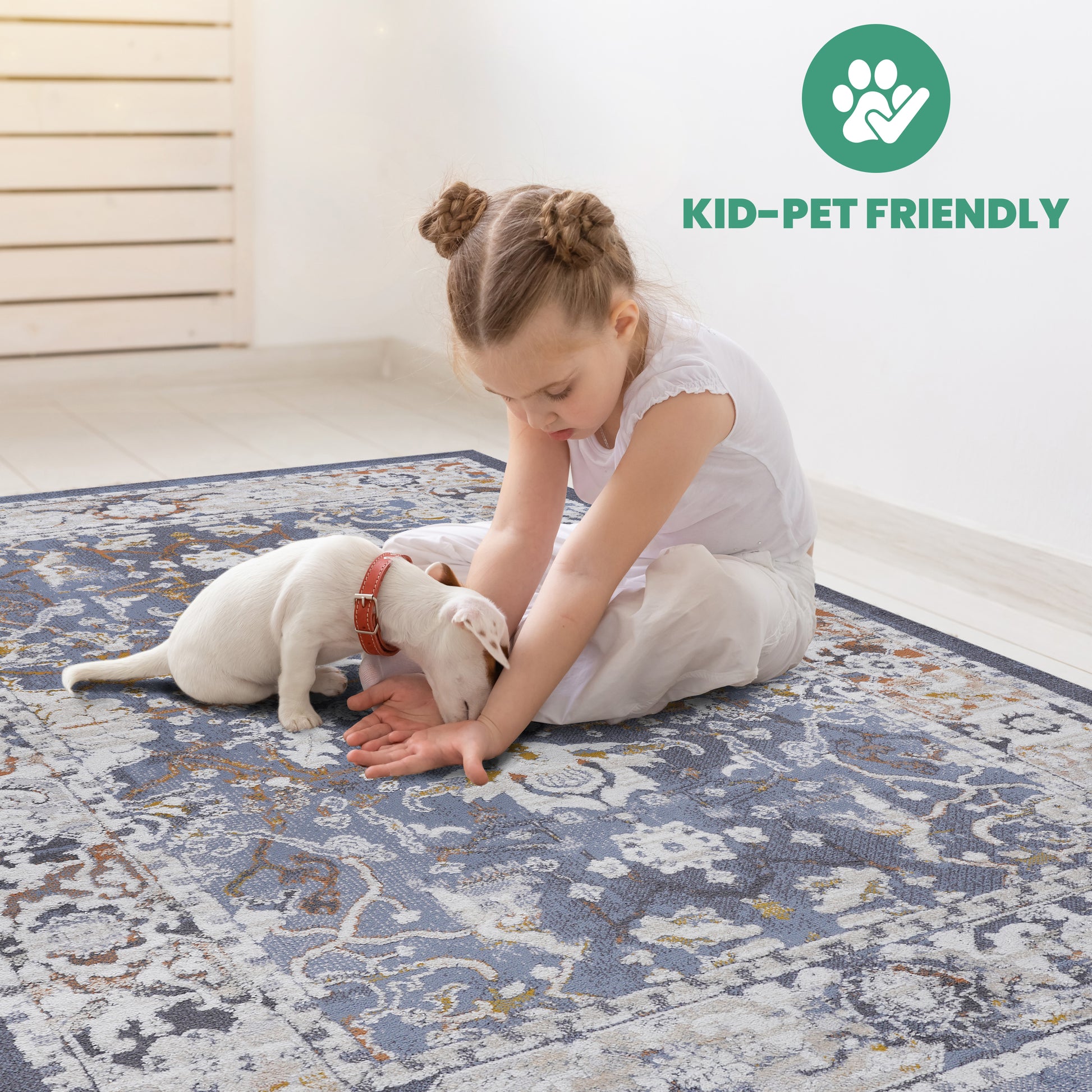 Blue distressed oriental rug with ornate damask pattern kid and pet friendly