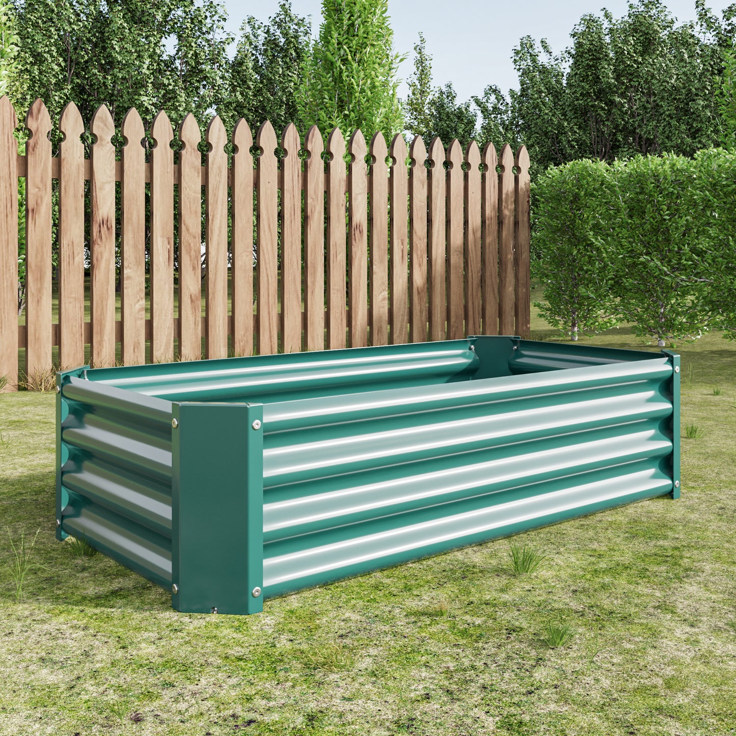Deep green metal raised garden bed with corrugated sides