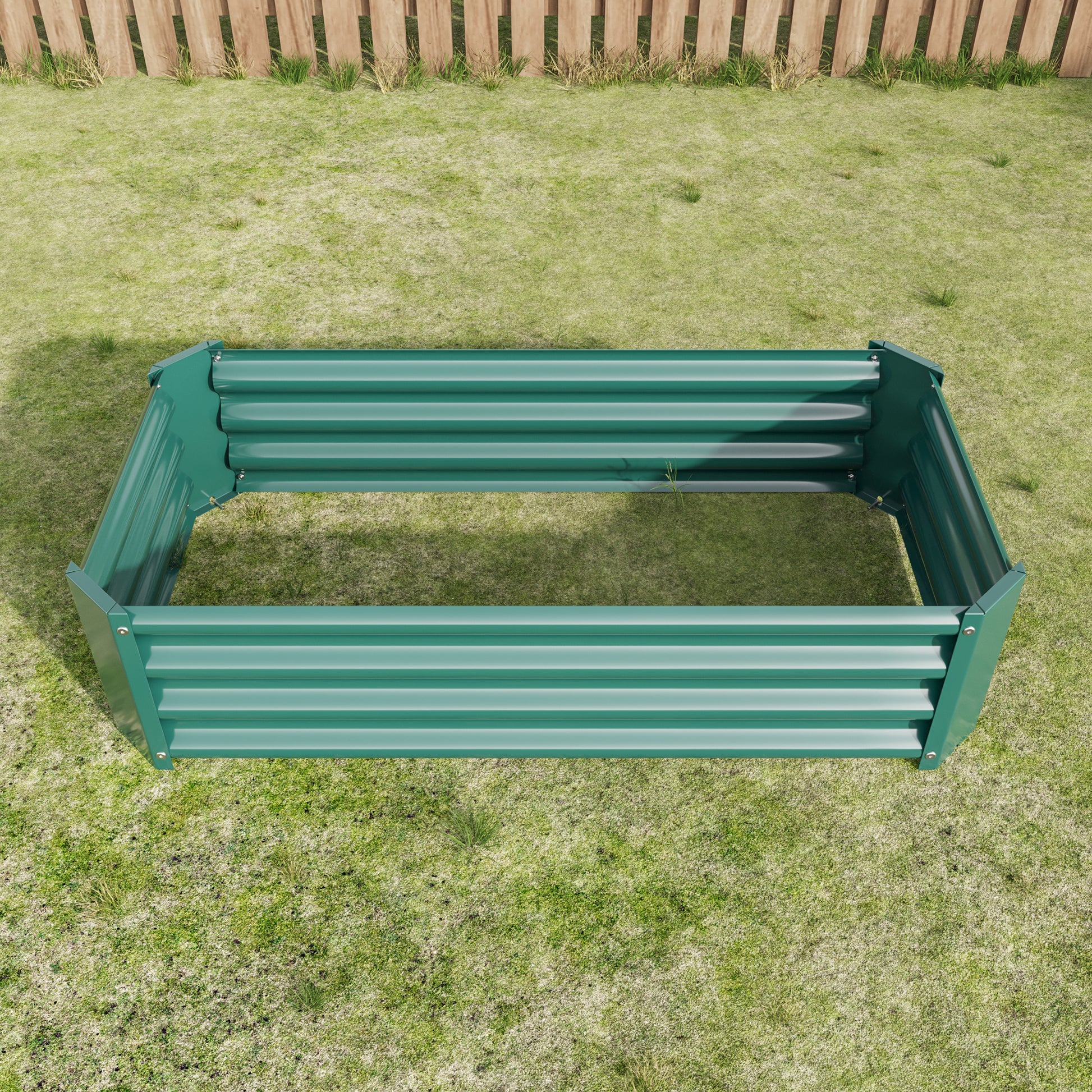 Deep green metal raised garden bed with corrugated texture ideal for small yards