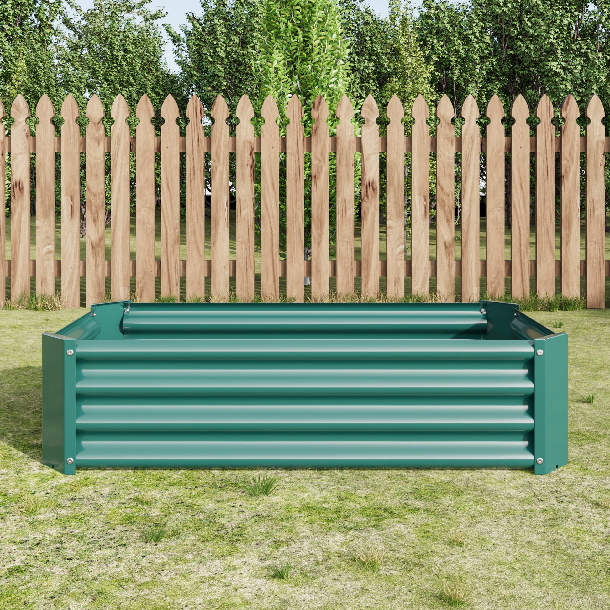 Green metal raised garden bed with corrugated sides