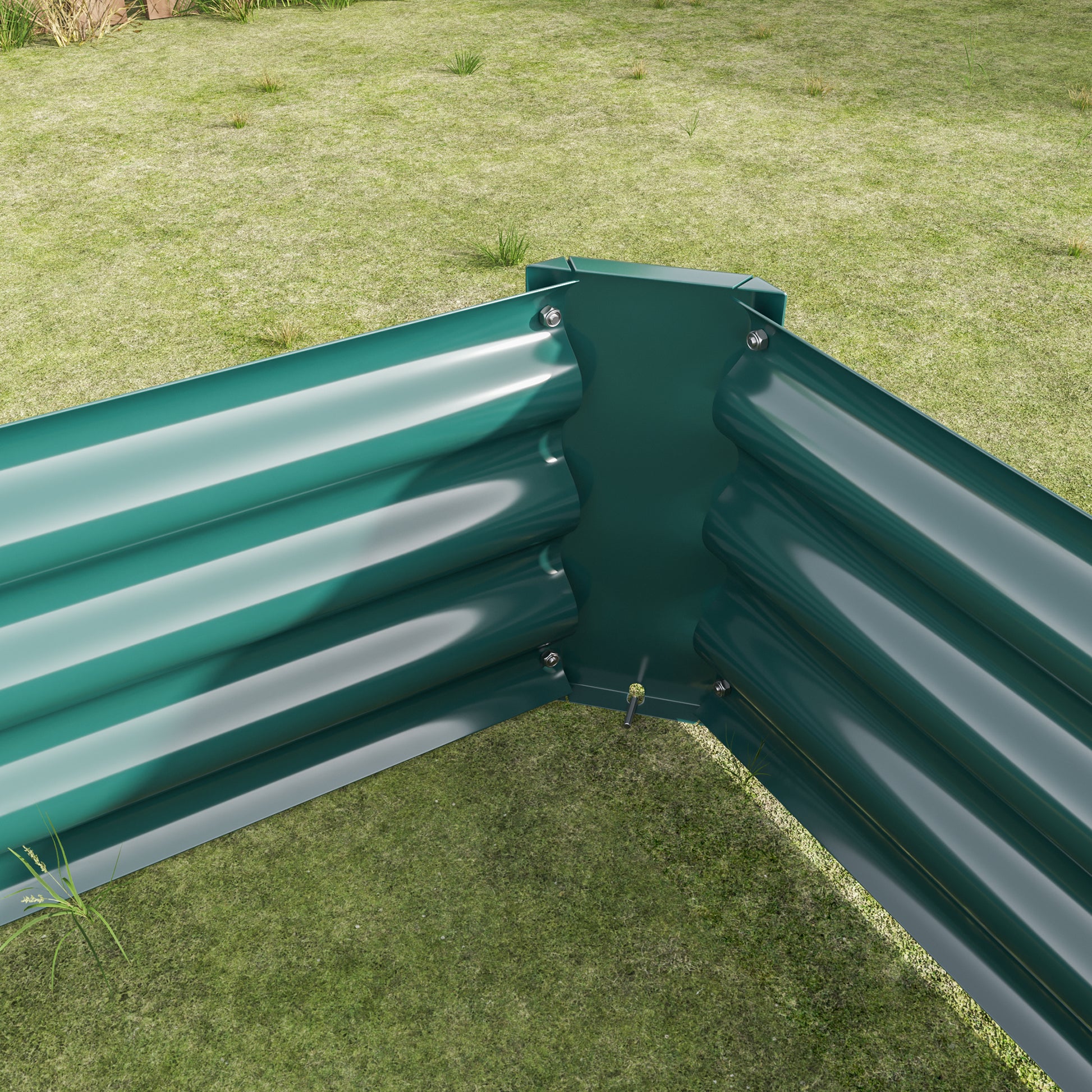 Deep green corrugated metal raised garden bed corner assembled on grass