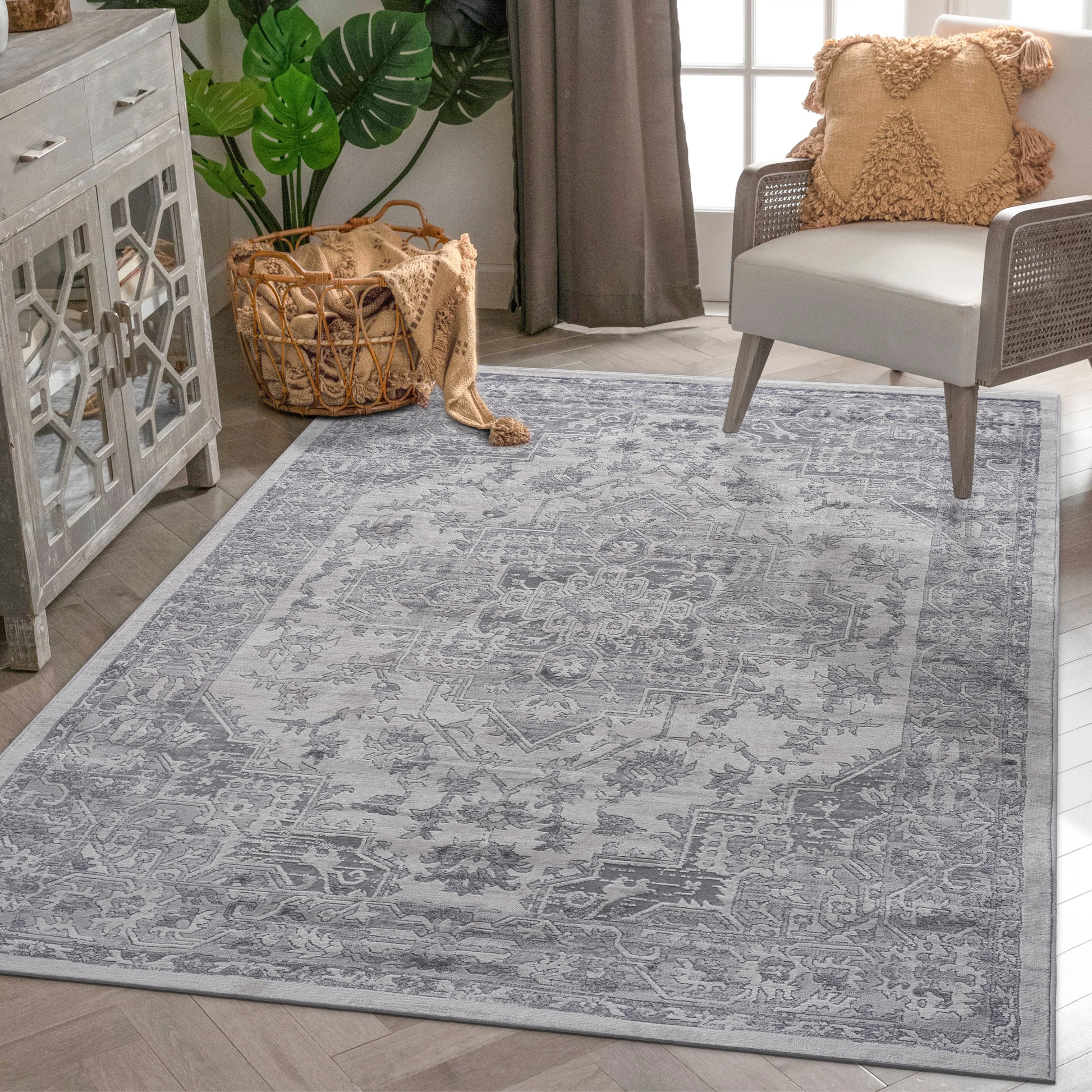 Classic grey distressed Persian rug with intricate floral and geometric patterns ideal for living rooms