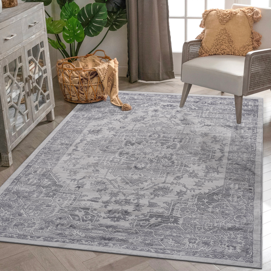 Classic grey distressed Persian rug with intricate floral and geometric patterns ideal for living rooms