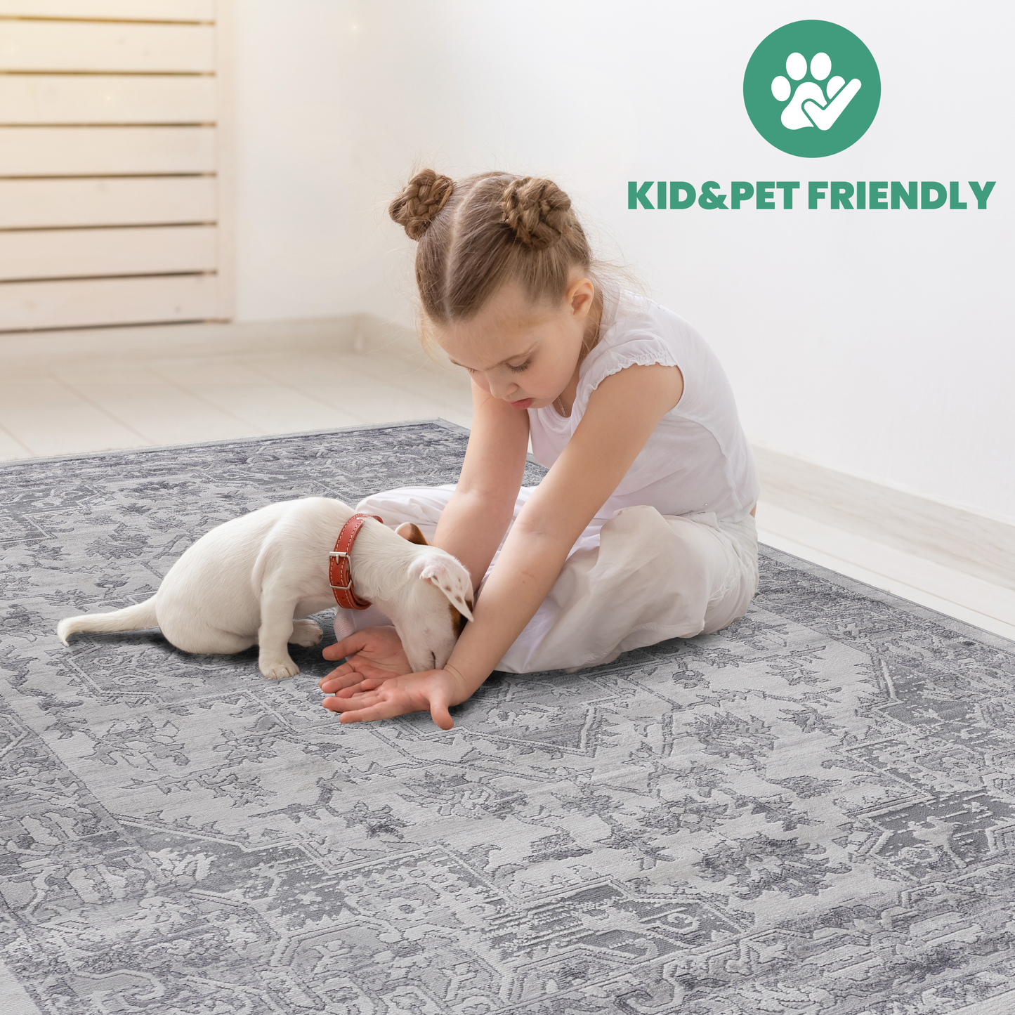 Gray Persian distressed rug with intricate floral patterns durable for family living