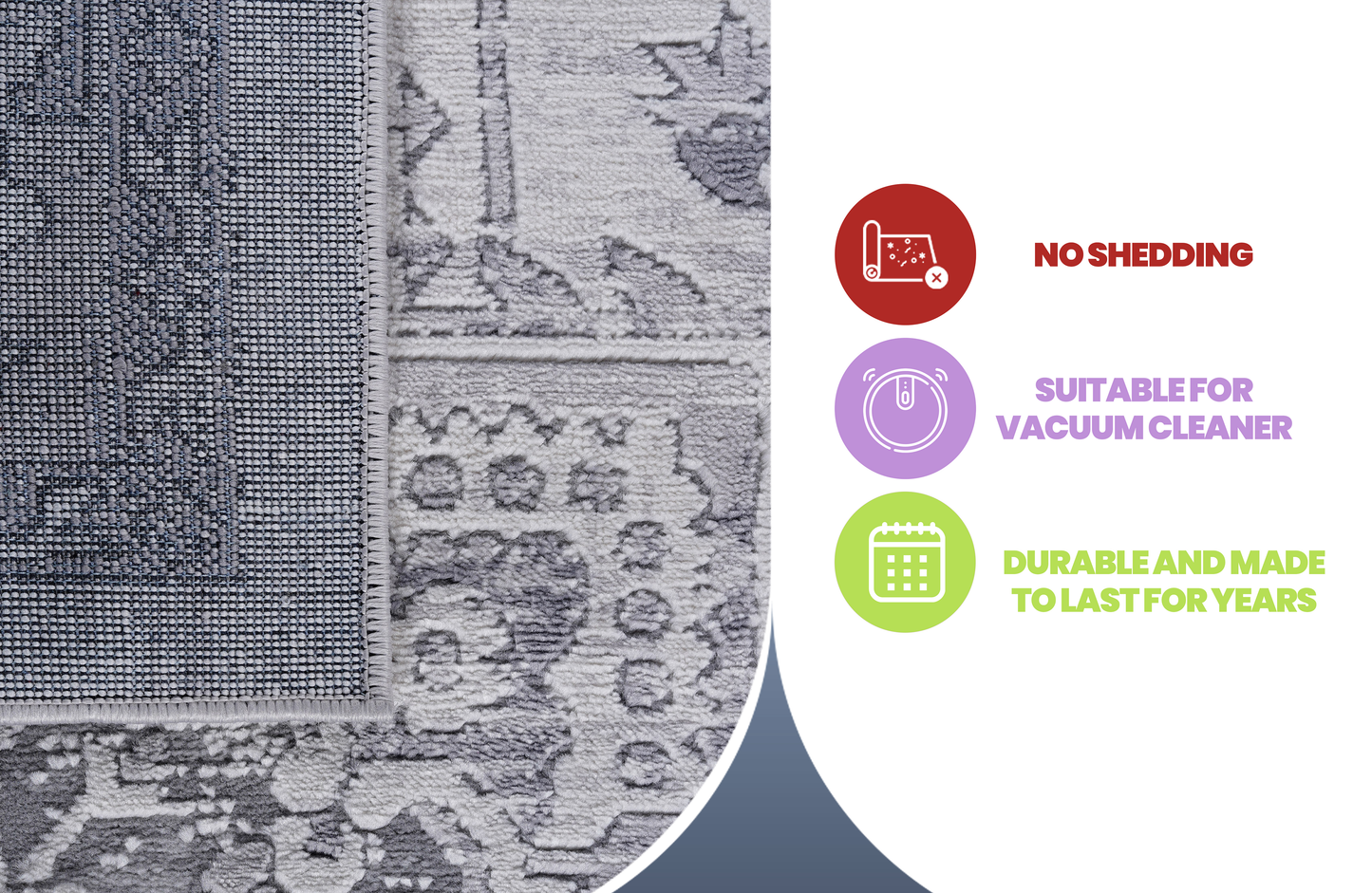 Closeup of a gray and white patterned rug showing its textured weave and durability for vacuum cleaners