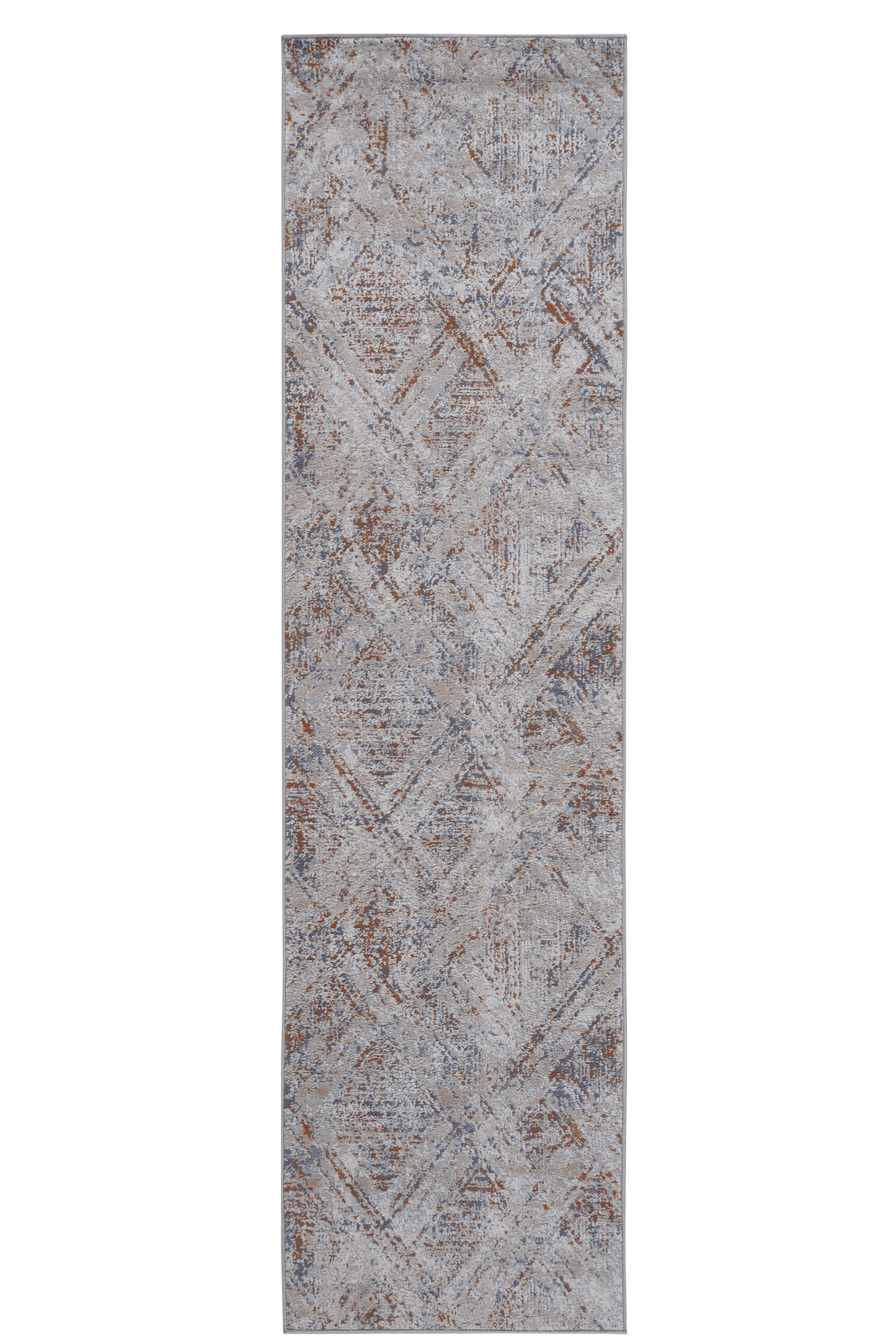 Gray distressed geometric runner rug with subtle brown and blue accents