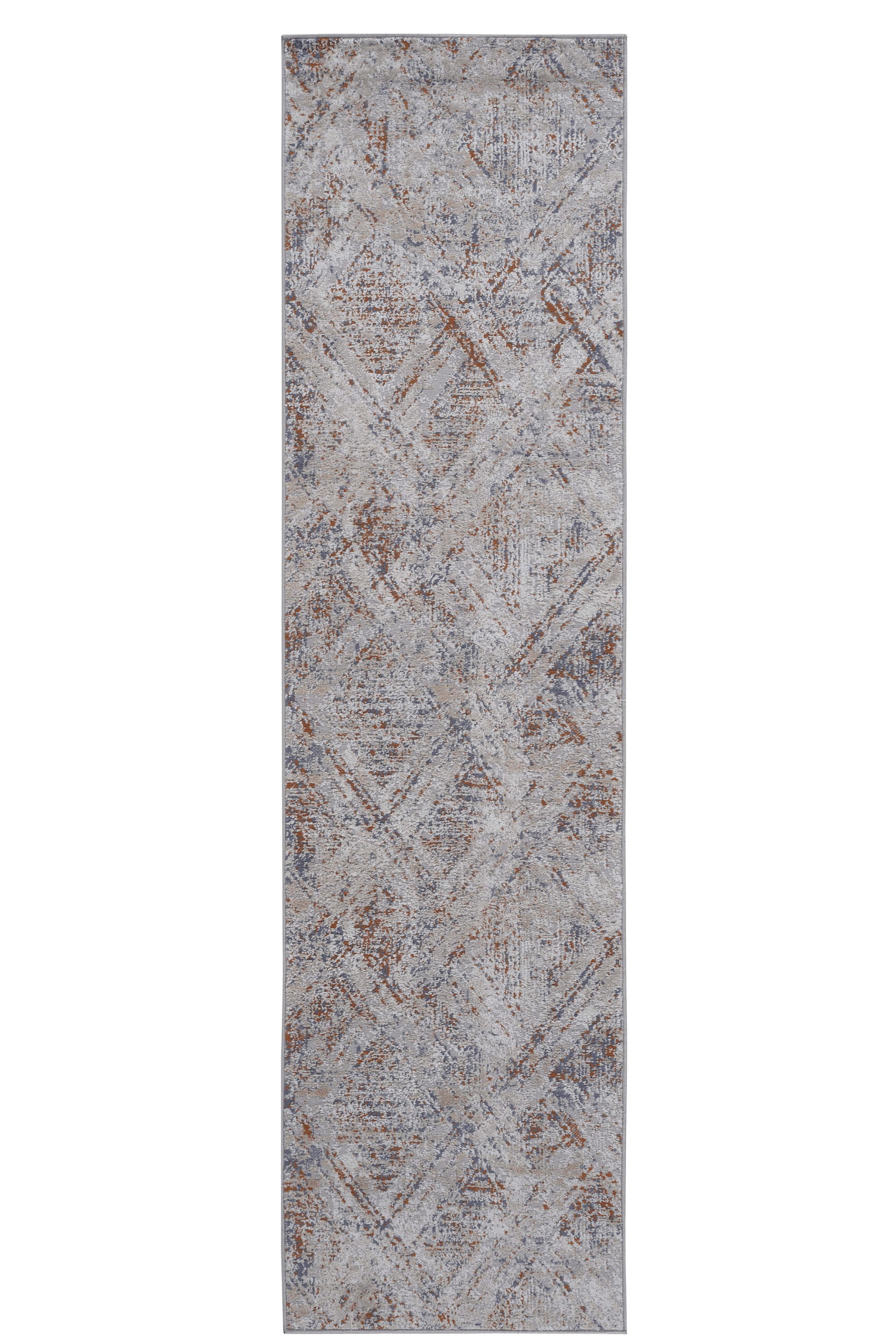 Gray distressed geometric runner rug with subtle brown and blue accents