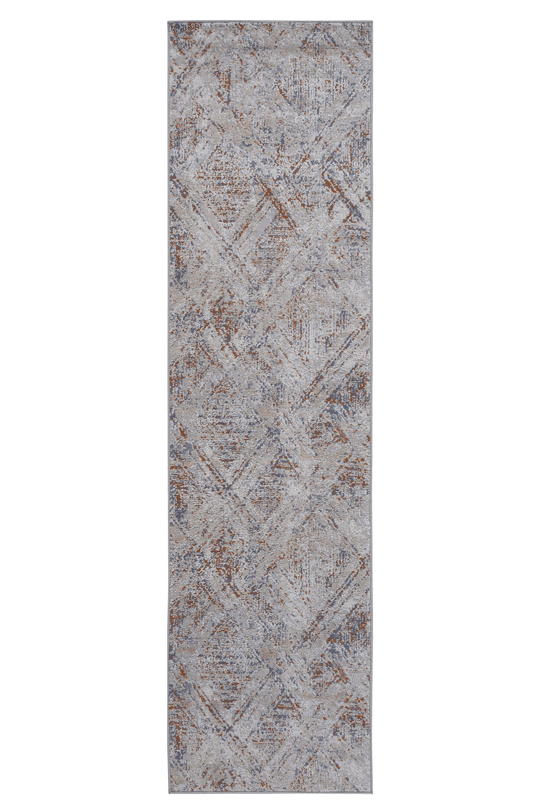 Gray distressed geometric runner rug with subtle brown and blue accents