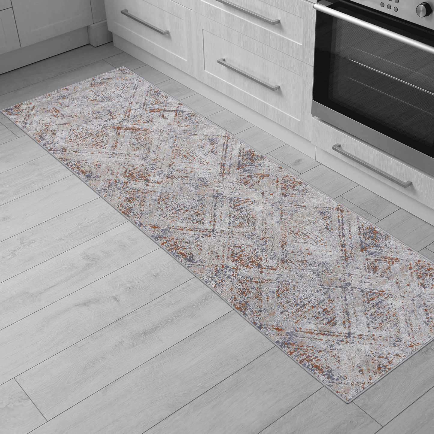 Abstract pattern runner rug in grey and rust tones for kitchen use